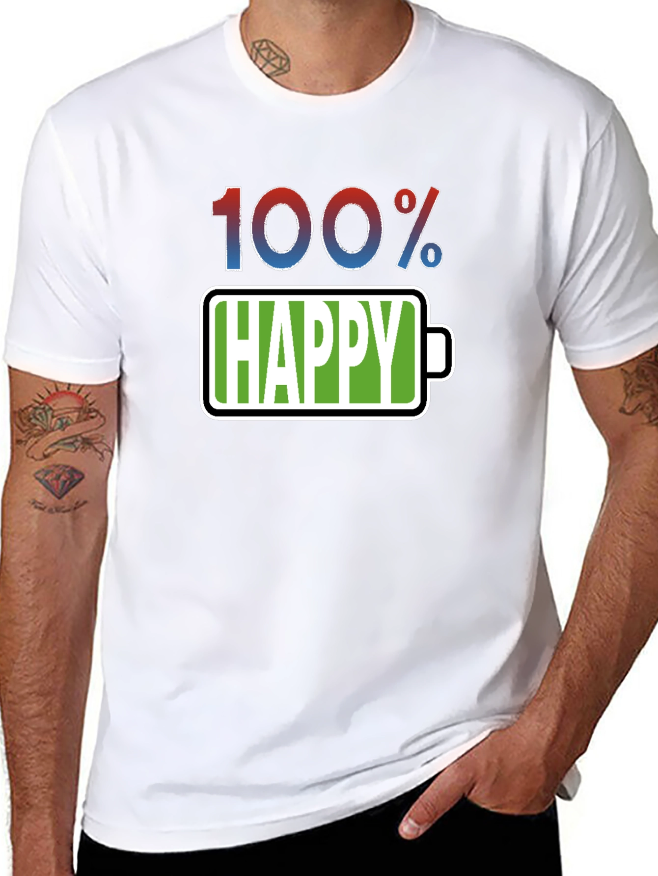 Black 100% Happy T-Shirt - Funny Battery Life Graphic Tee view 8