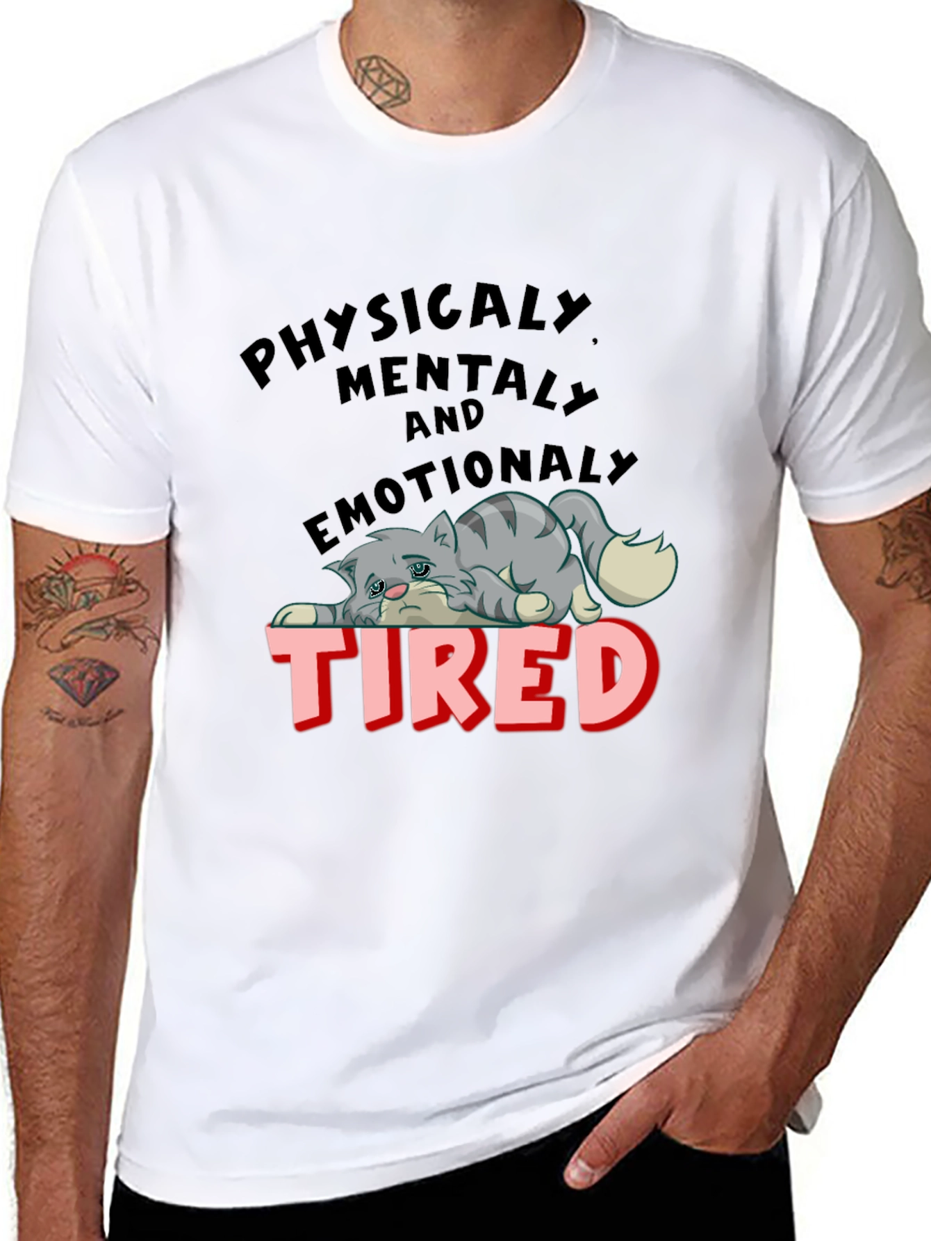 Black Emotionally Tired Cat Graphic Tee view 8