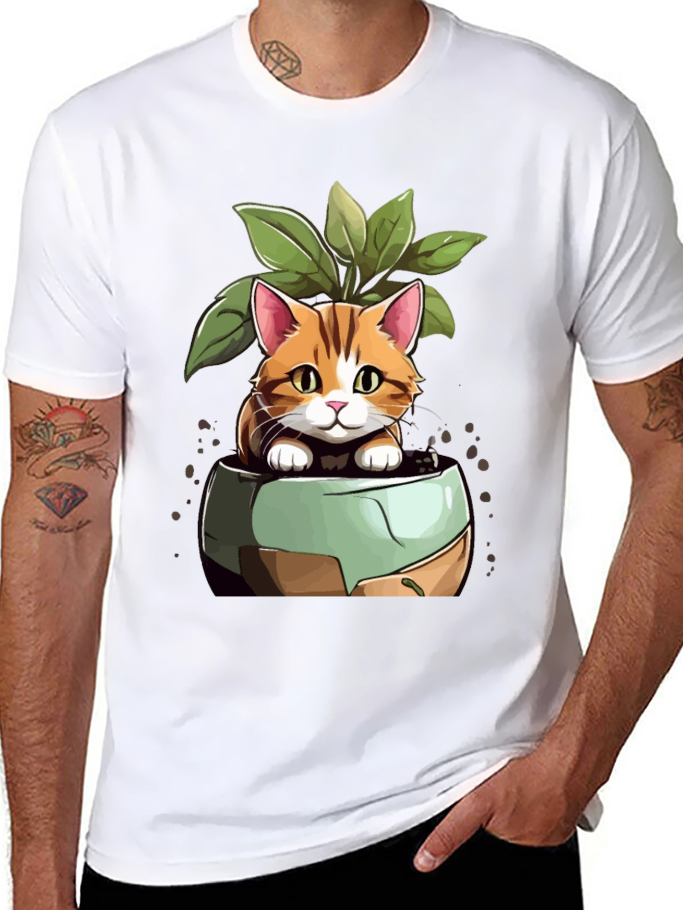 Black Cat in Pot Plant T-Shirt - Unique Design view 8