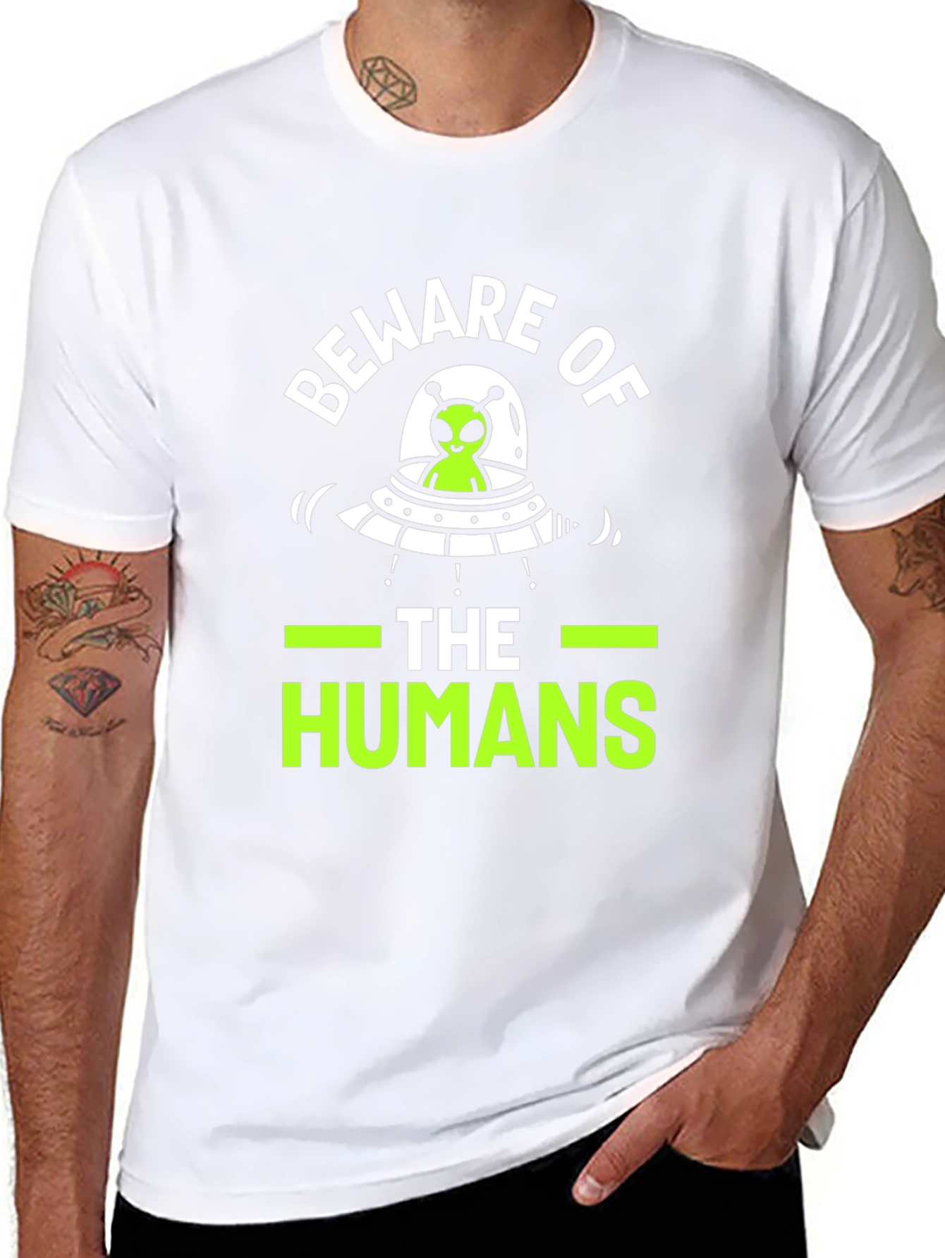 Black Beware of The Humans Alien UFO Graphic T-Shirt view 8