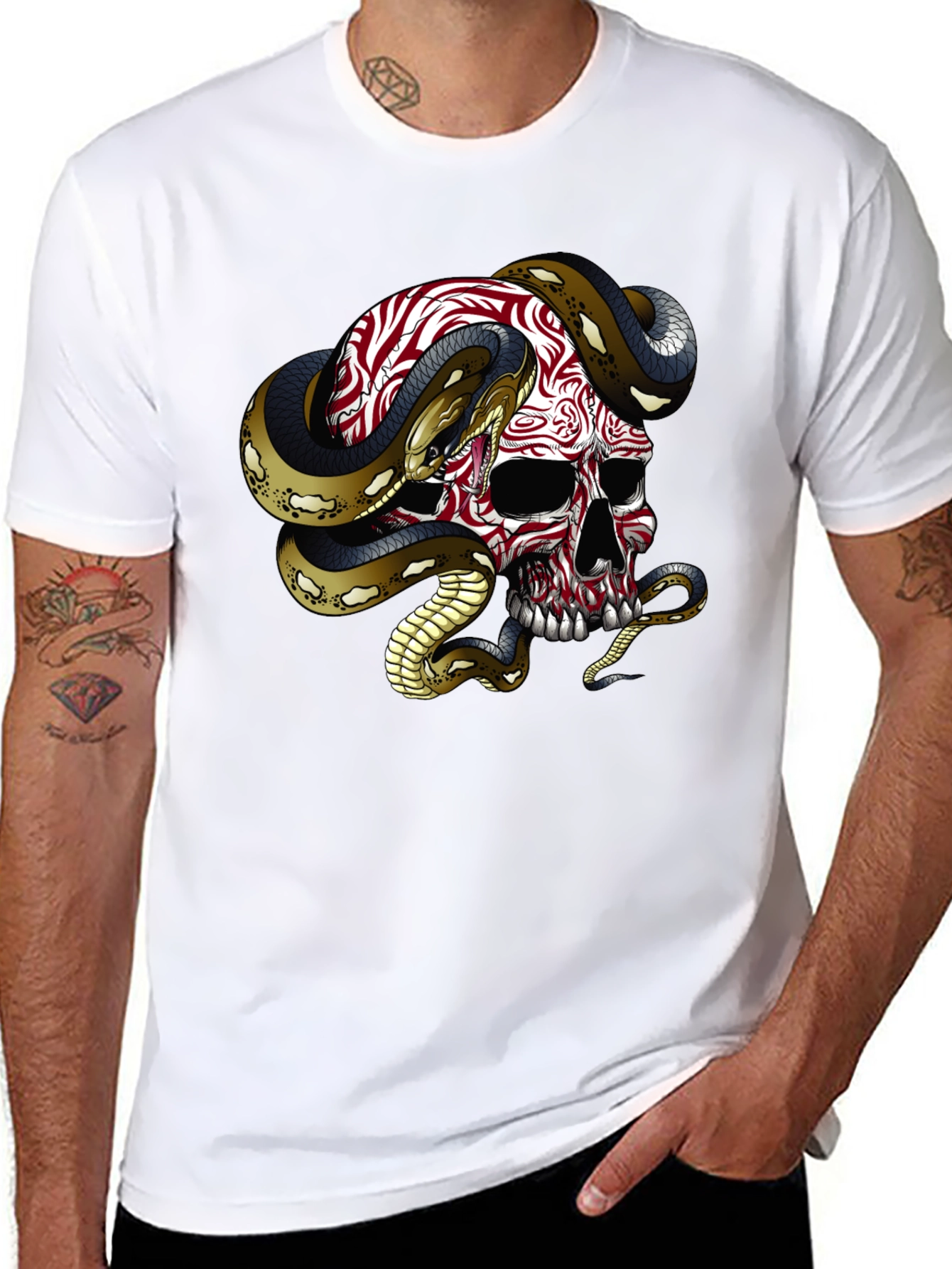 Black Skull & Snake Graphic Tee - Men's Black Cotton T-Shirt view 8