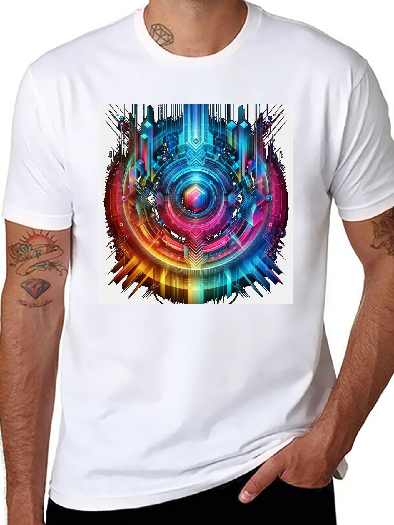 Black Abstract Geometric Rainbow Circle Graphic T-Shirt view 8