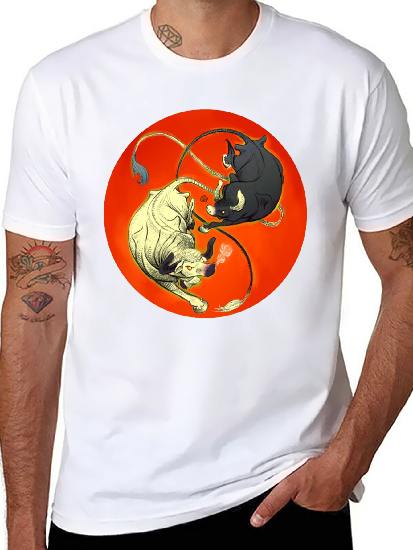 Black Yin Yang Bulls Graphic Tee - Unique Black T-Shirt view 8