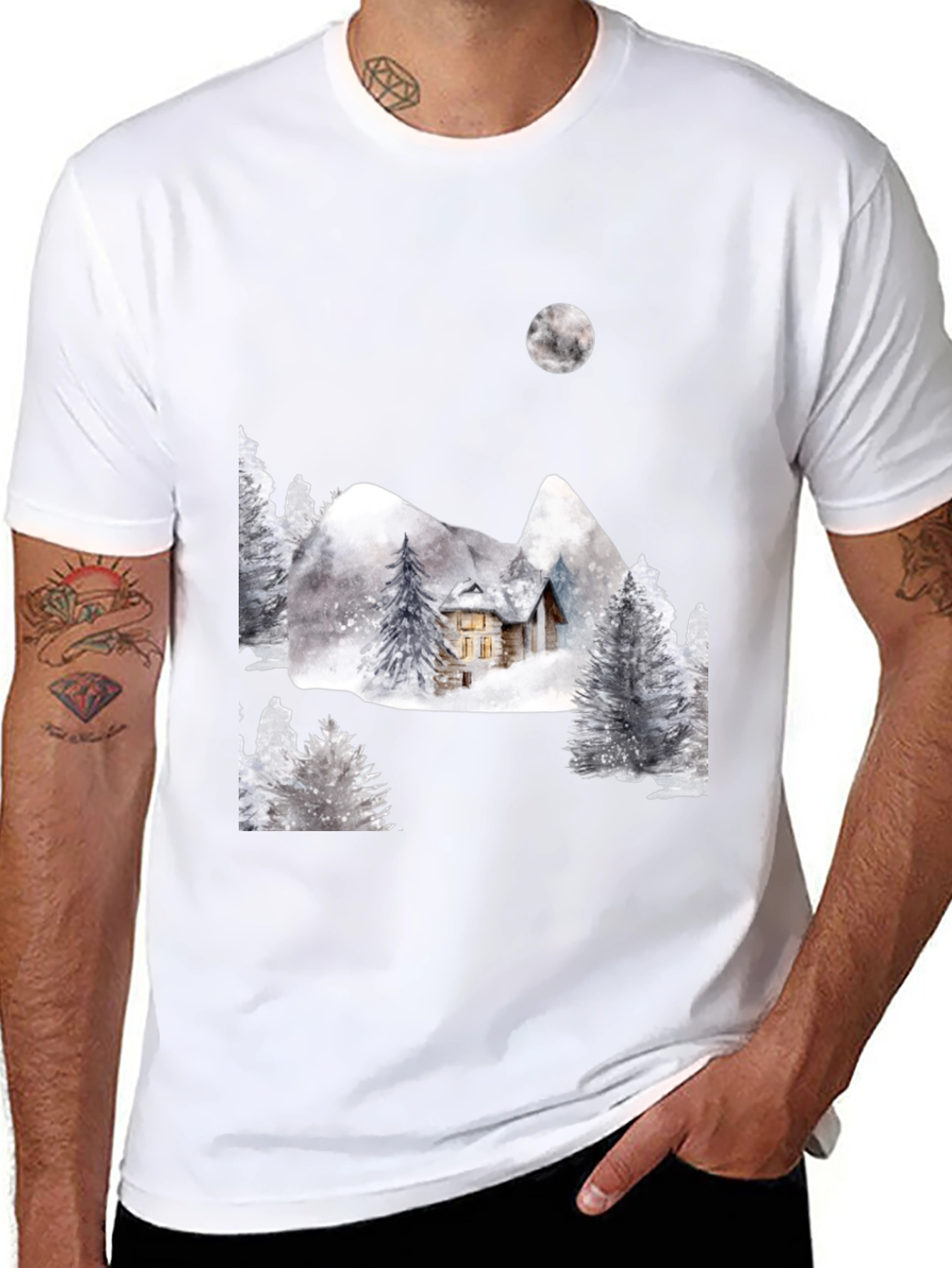 Black Winter Cabin Scene Black T-Shirt view 8