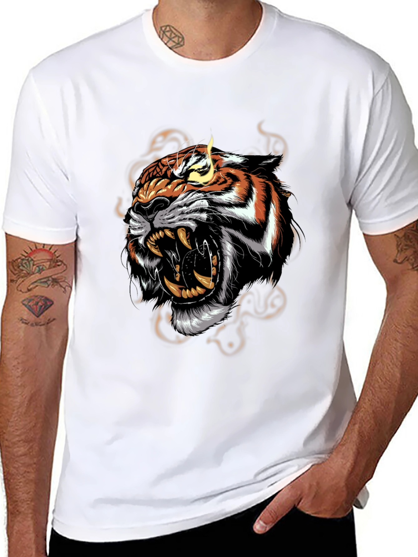 Black Men's Black T-Shirt with Roaring Tiger Graphic view 8