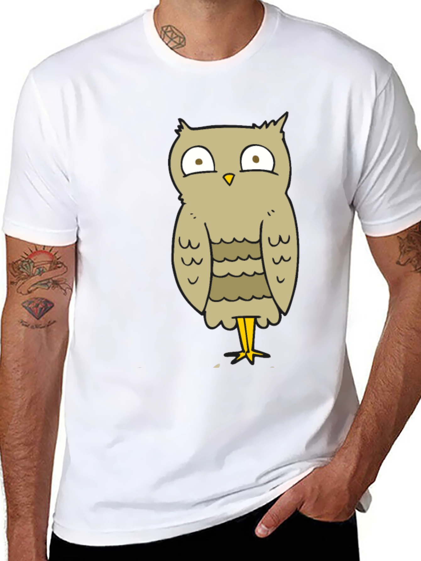 Black Funny Owl Cartoon T-Shirt - Unisex Black Tee view 8