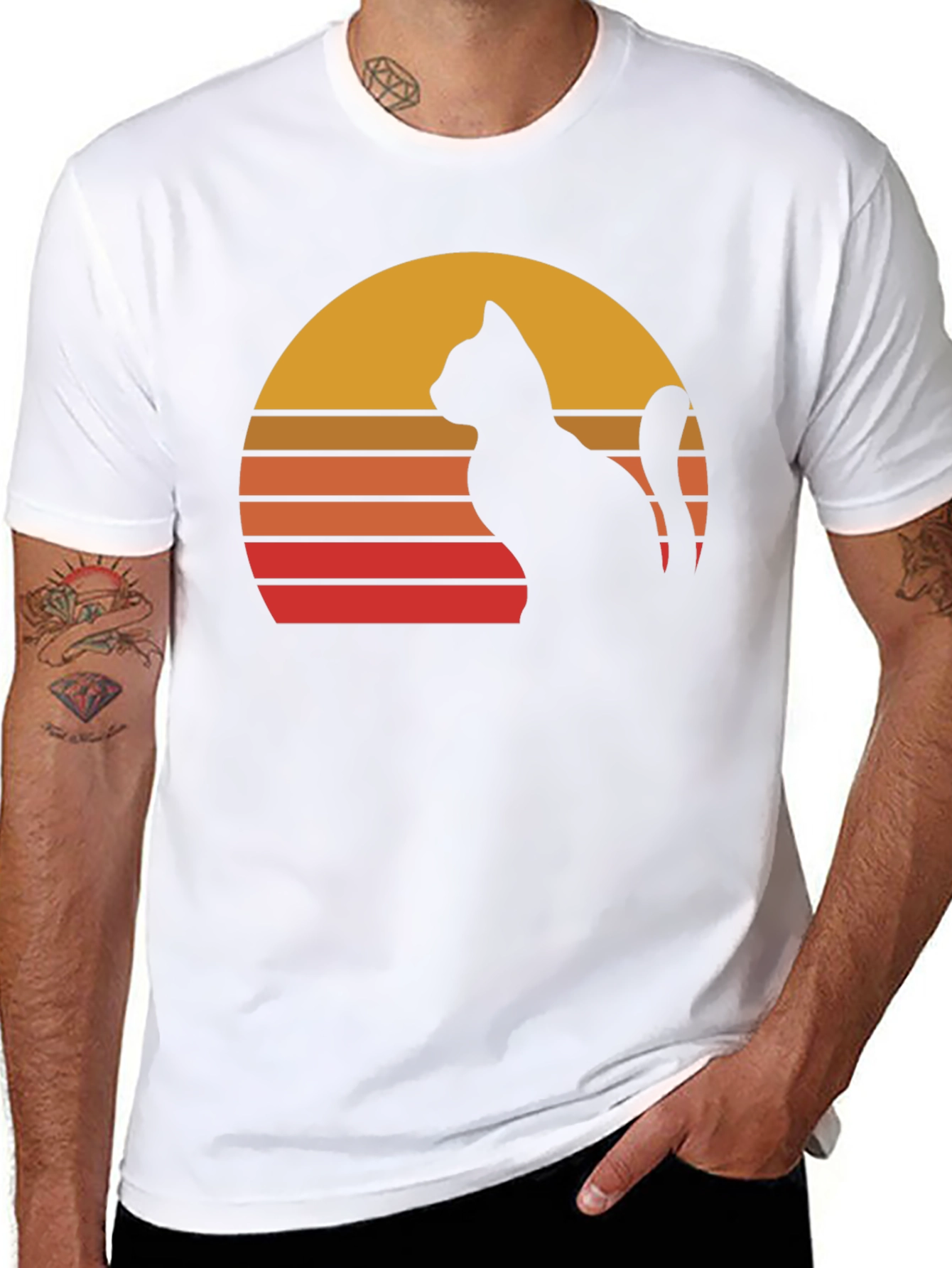 Black Retro Cat Sunset Graphic Tee - Black Cotton Blend Shirt view 8