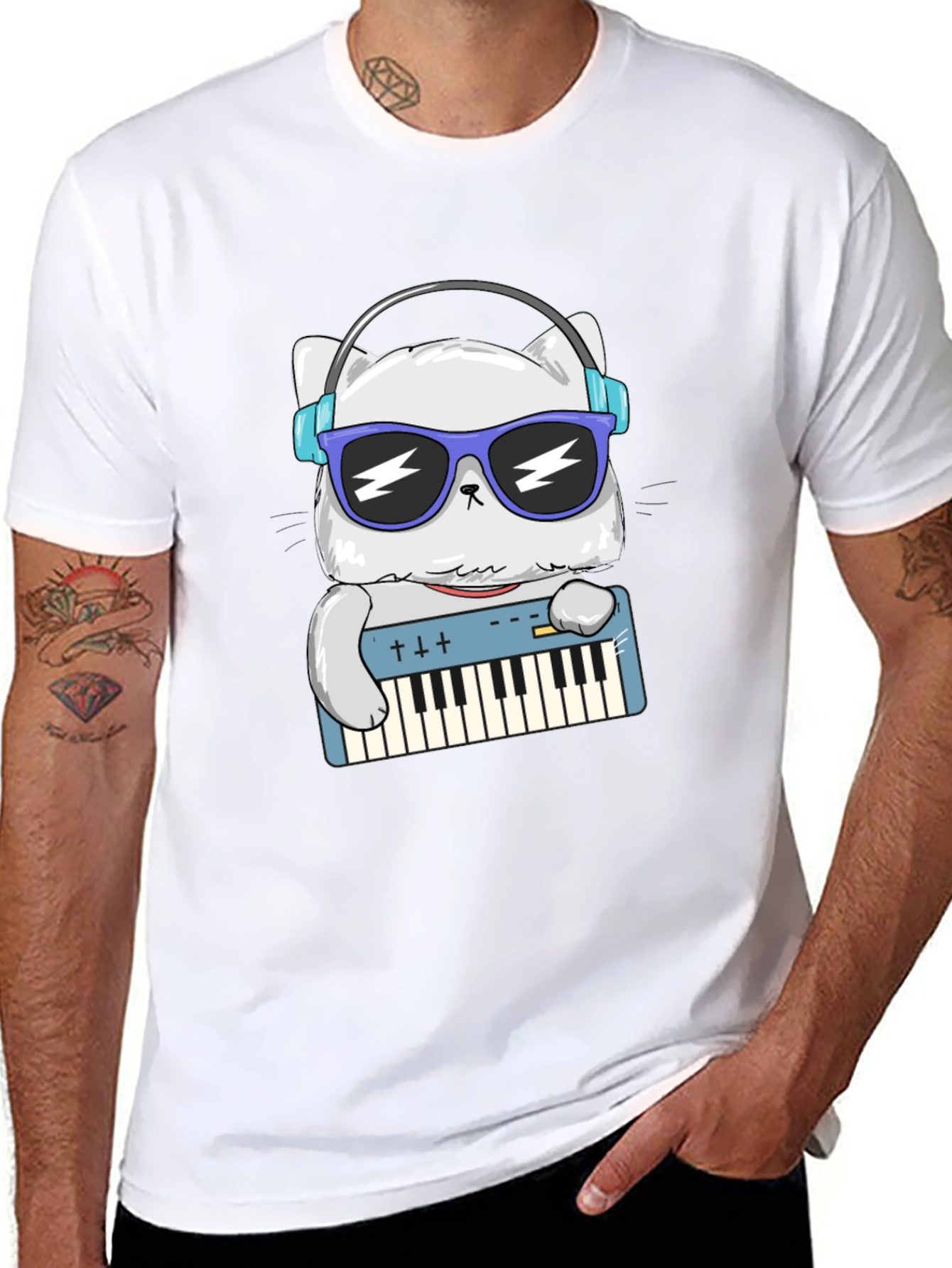 Black Cool Cat Musician Graphic T-Shirt view 8