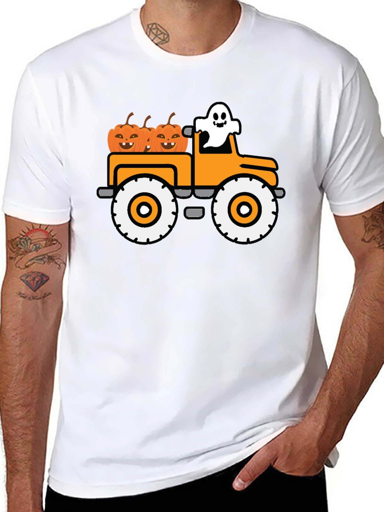 Black Halloween Ghost Pumpkin Truck T-Shirt view 8
