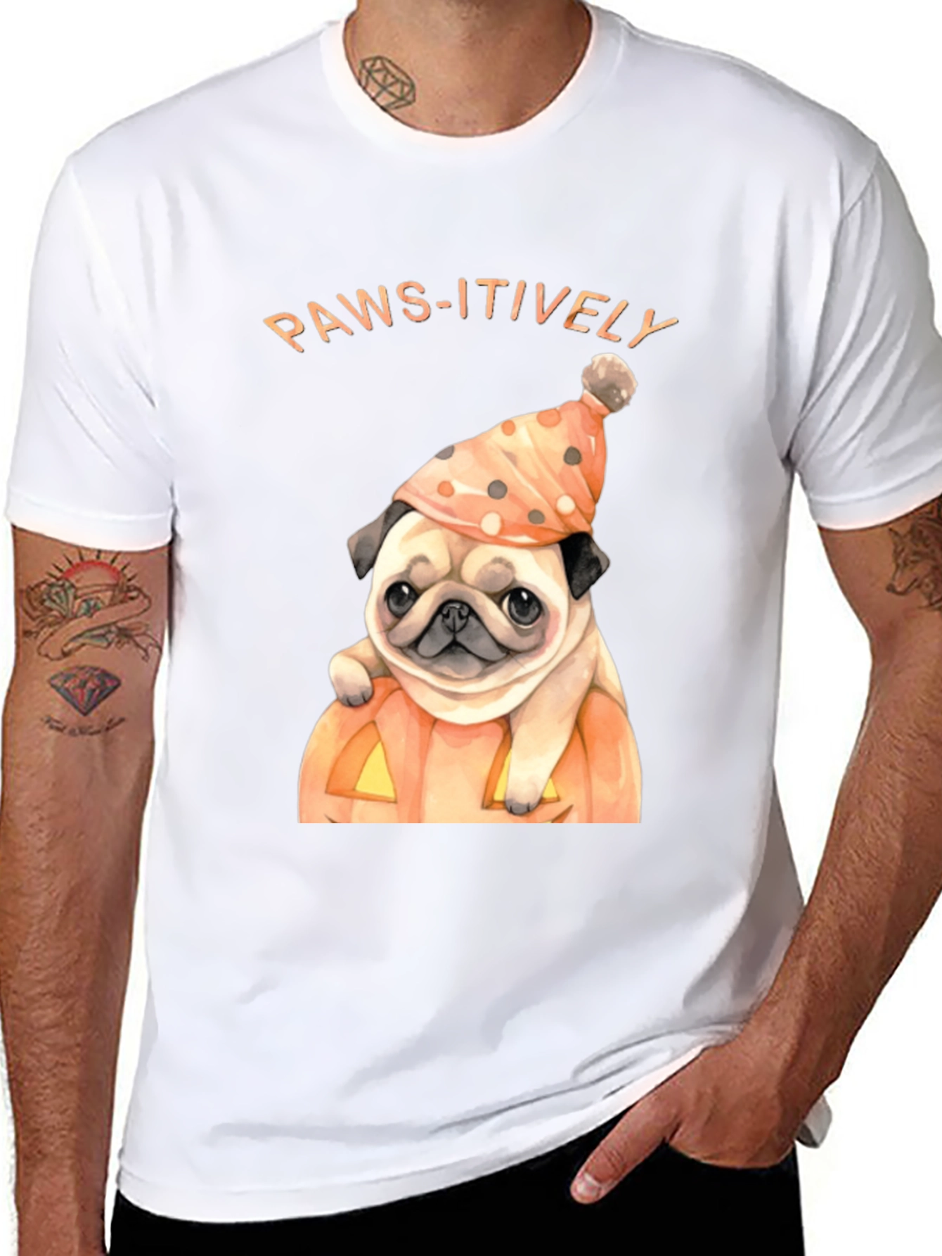 Black Paws-itively Halloween Pug T-Shirt view 8