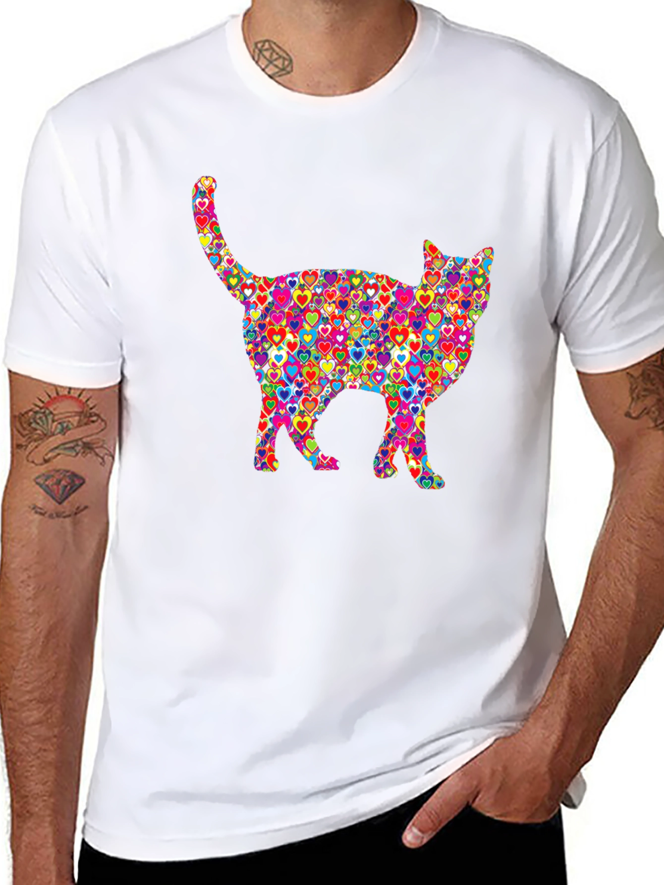 Black Colorful Heart Cat Graphic T-Shirt view 8