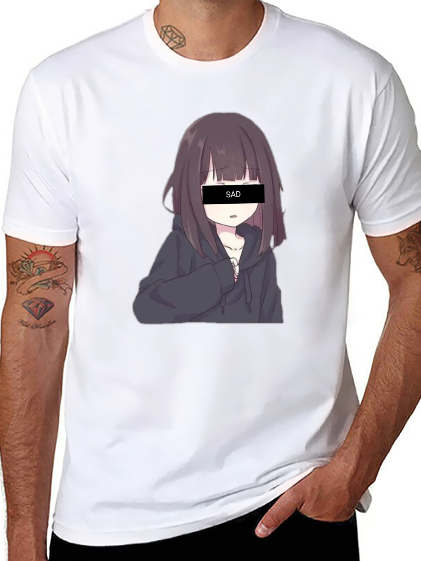 Black Anime Sad Girl Graphic Print Black T-Shirt view 8
