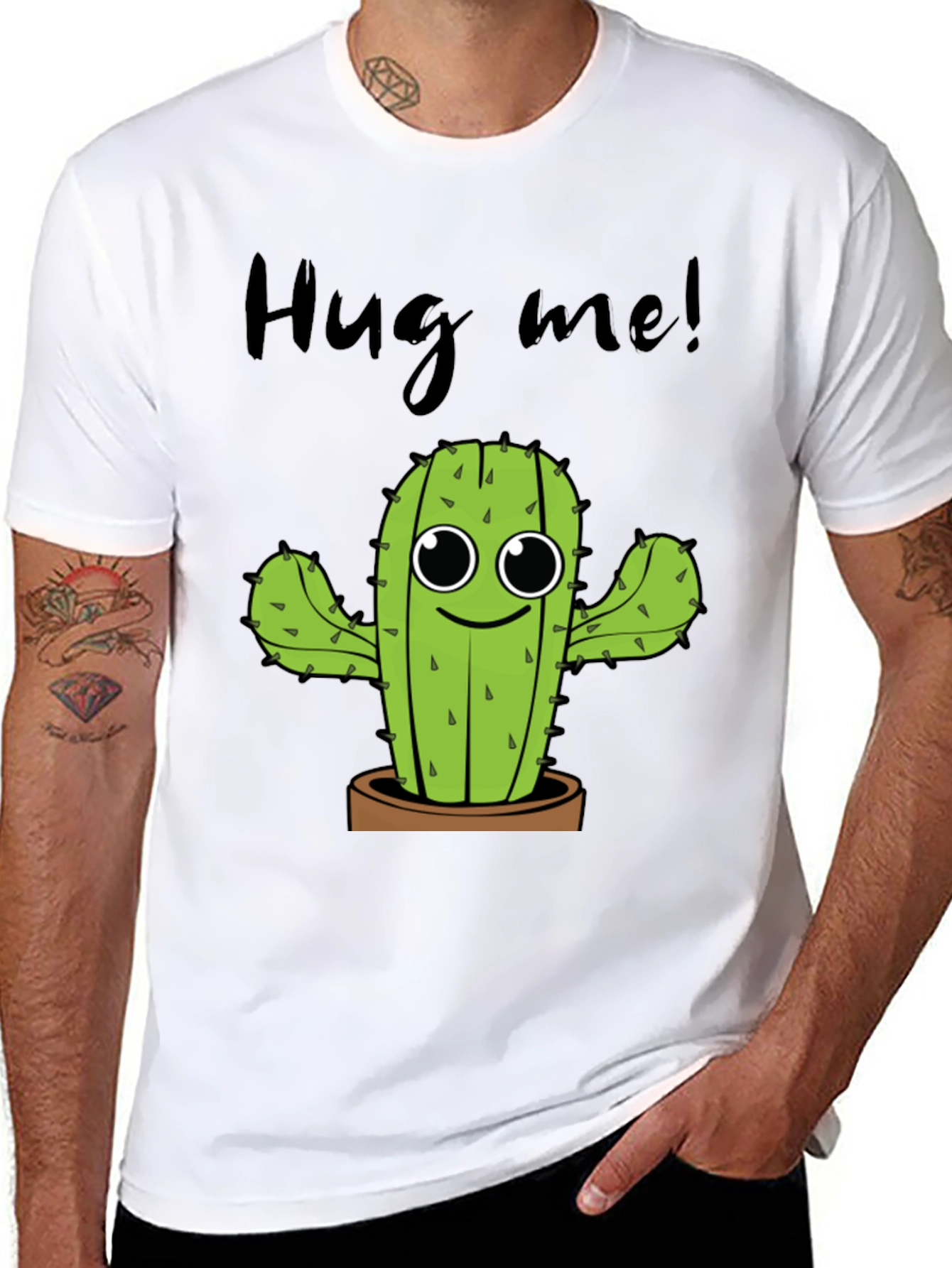 Black Hug Me Cactus Graphic Tee - Unisex Cotton T-Shirt view 8