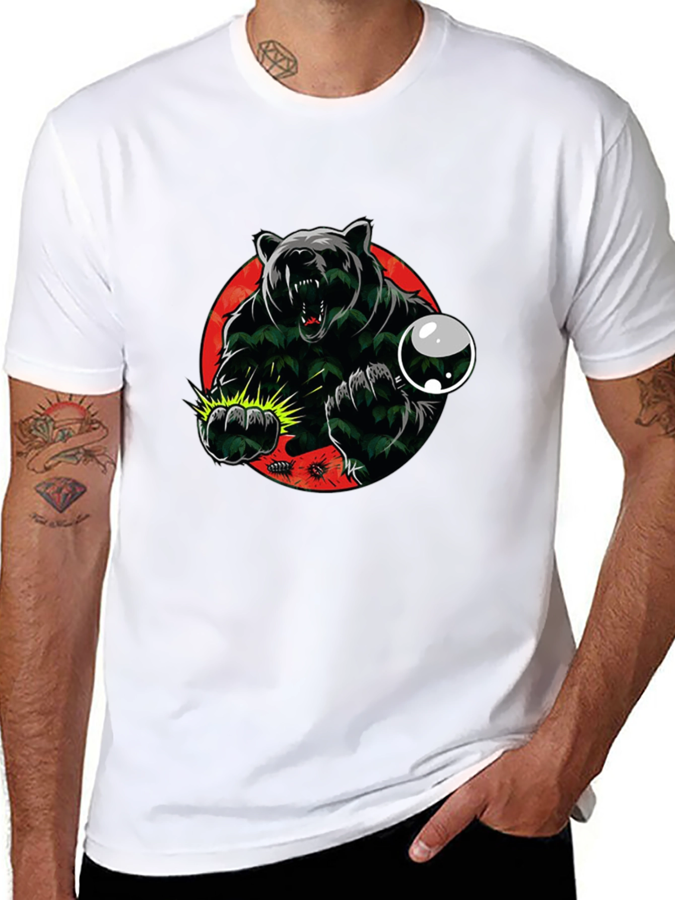 Black Men's Graphic Tee - Bear Attack Design view 8