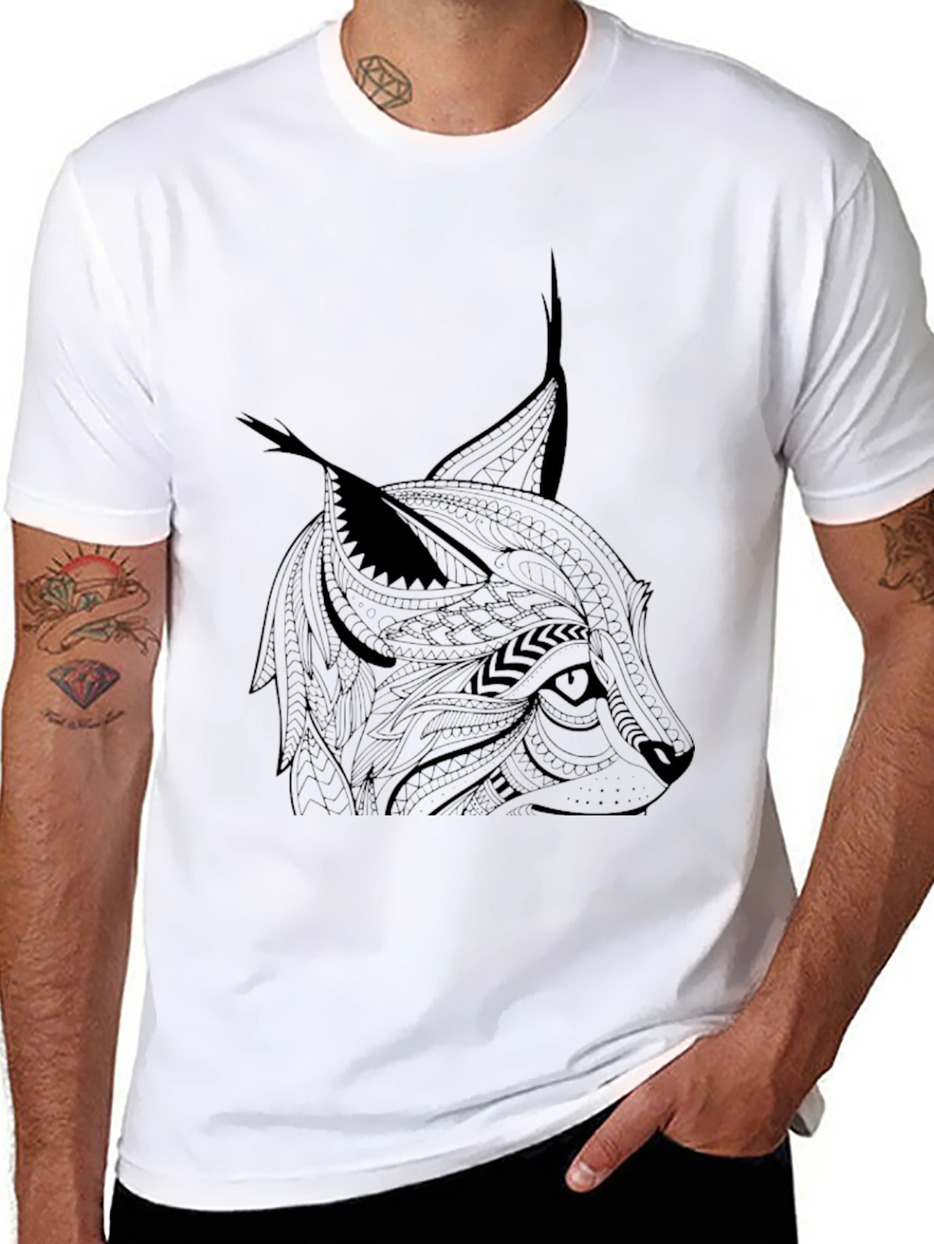 Black Tribal Lynx Graphic T-Shirt - Men's Black Tee view 8