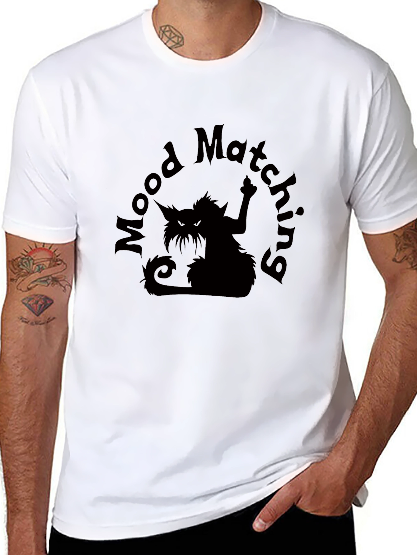 Black Mood Matching Cat Graphic Tee - Black Cotton T-Shirt view 8