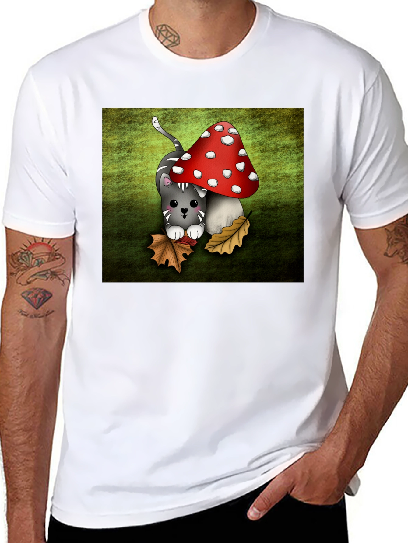 Black Cute Cartoon Cat and Mushroom Graphic T-Shirt view 8