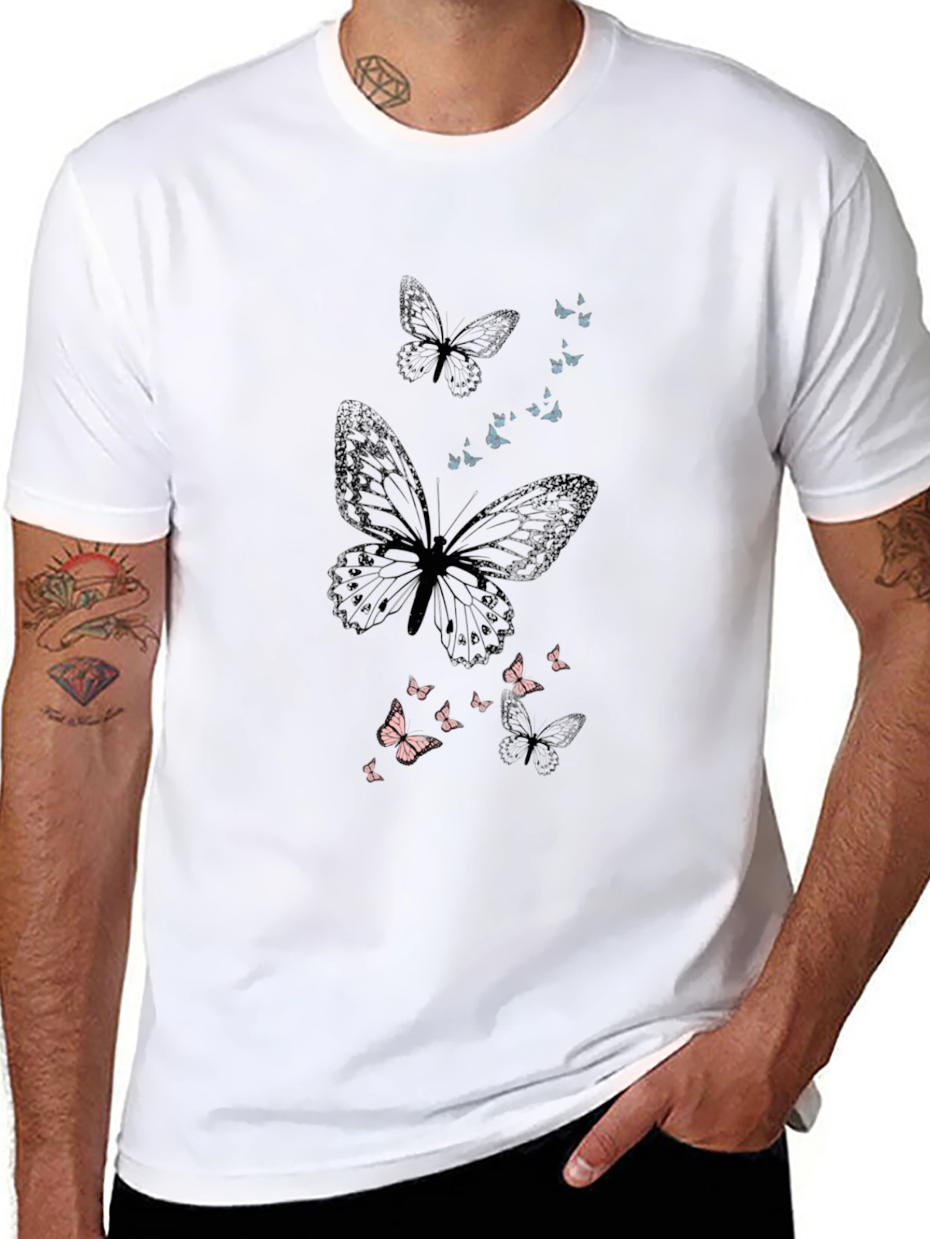 Black Butterfly Print Men's Black T-Shirt view 8