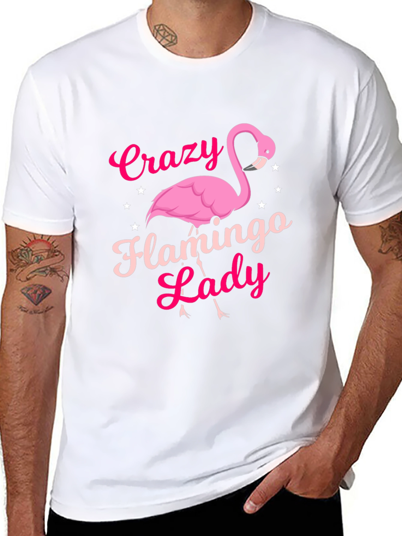 Black Crazy Flamingo Lady T-Shirt - Novelty Graphic Tee view 8