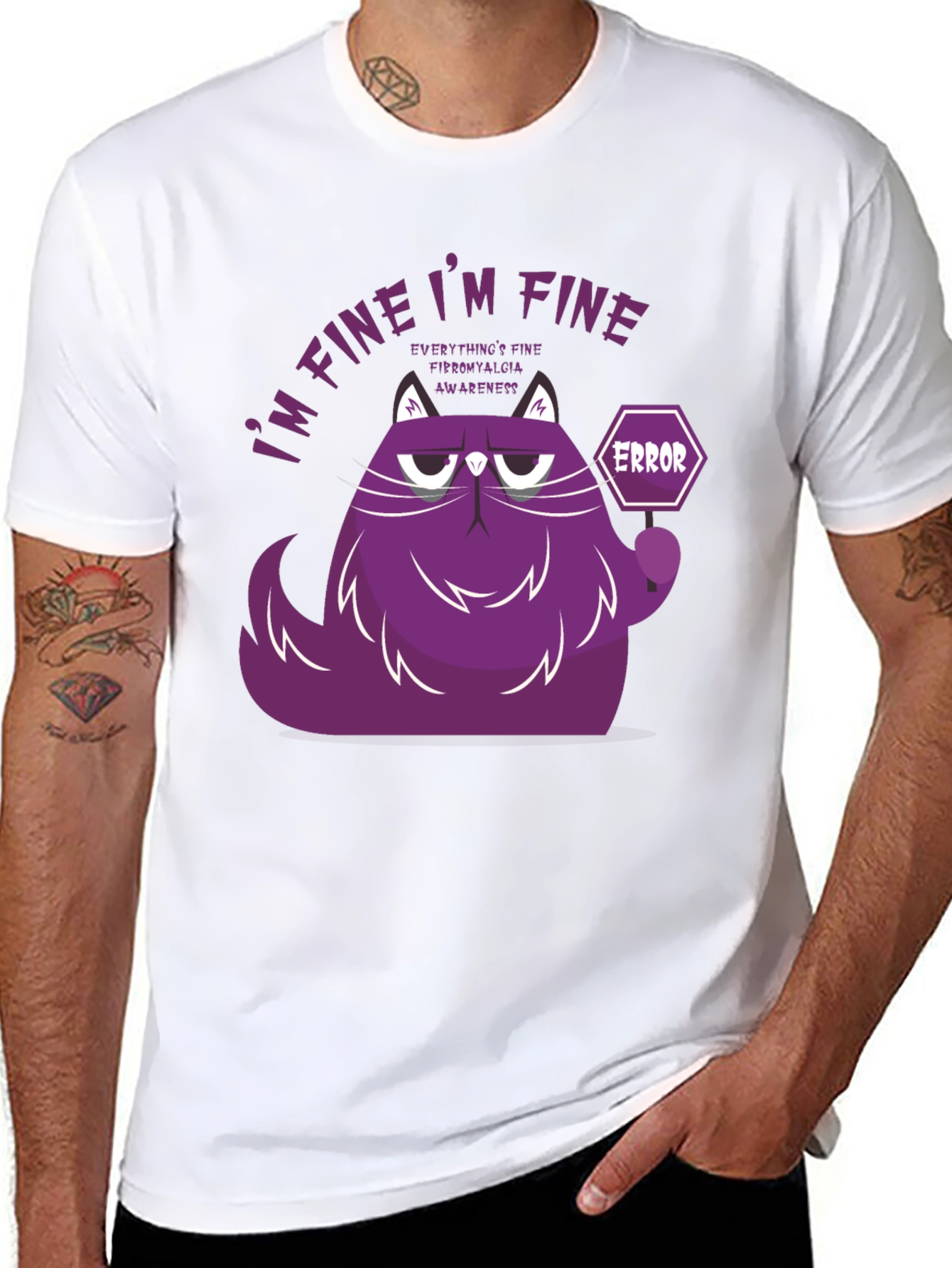 Black I'm Fine Cat T-Shirt - Fibromyalgia Awareness view 8