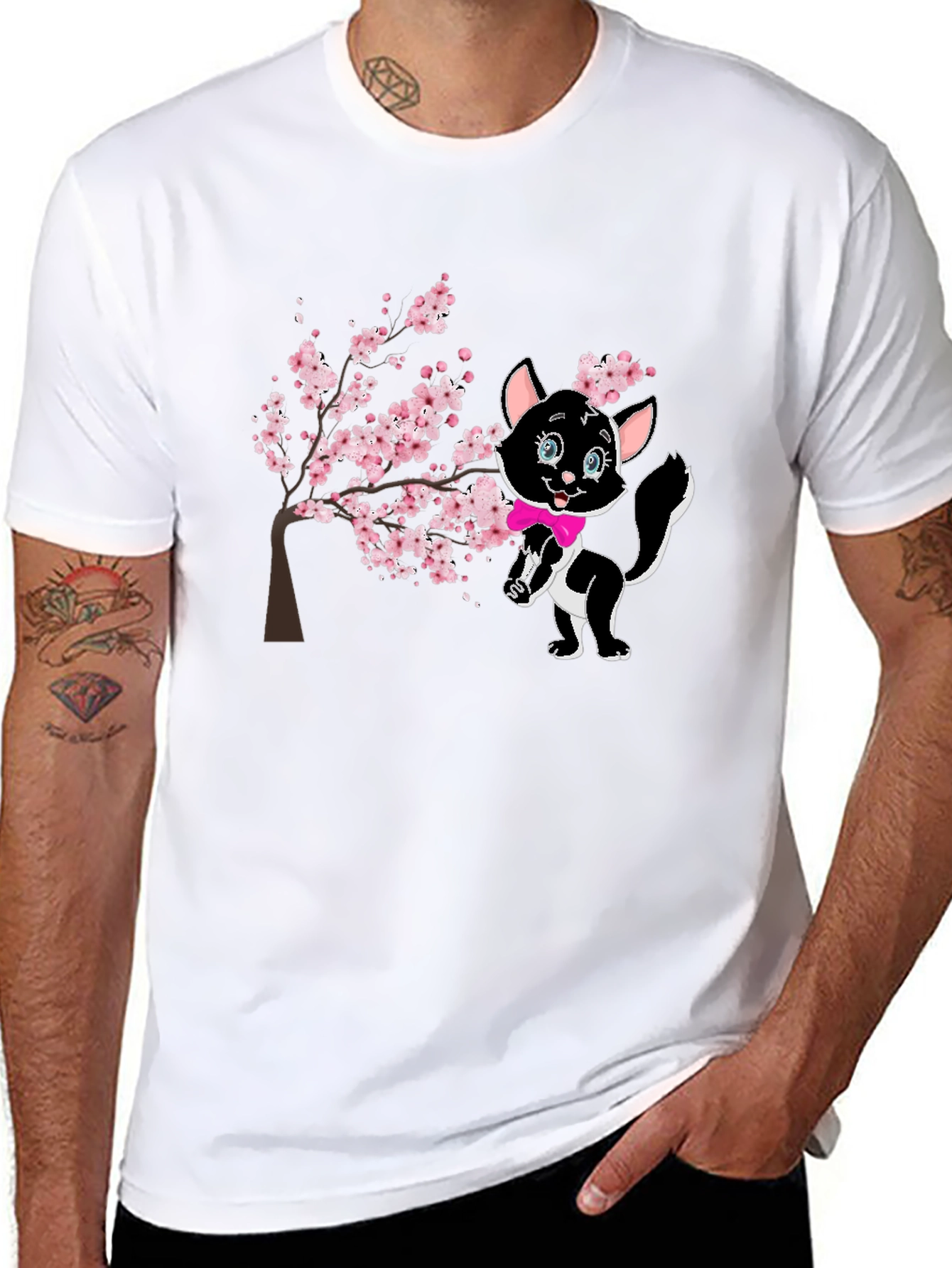 Black Cute Cat & Cherry Blossom Black T-Shirt view 8
