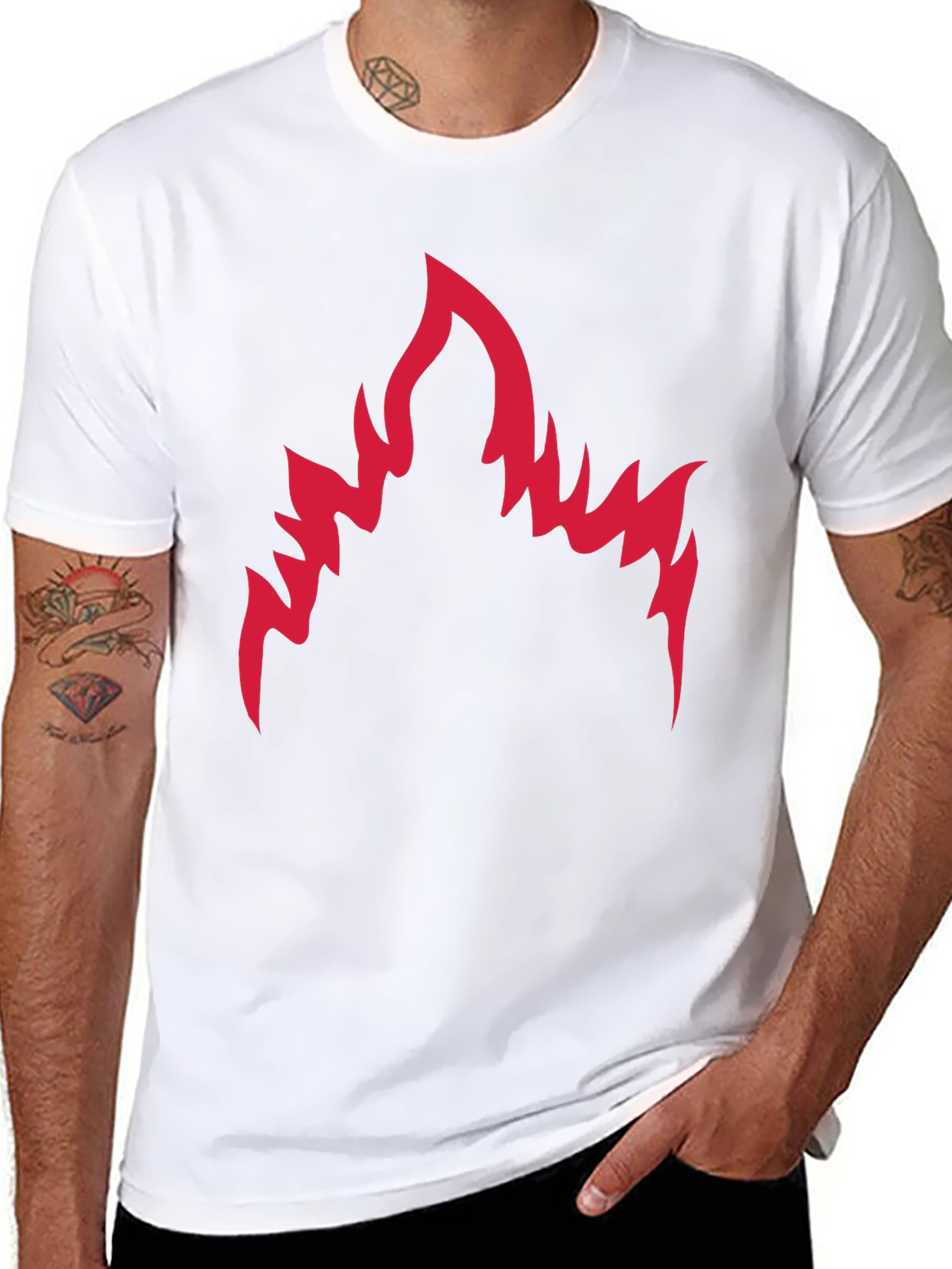 Black Men's Black T-Shirt with Red Flame Graphic view 8
