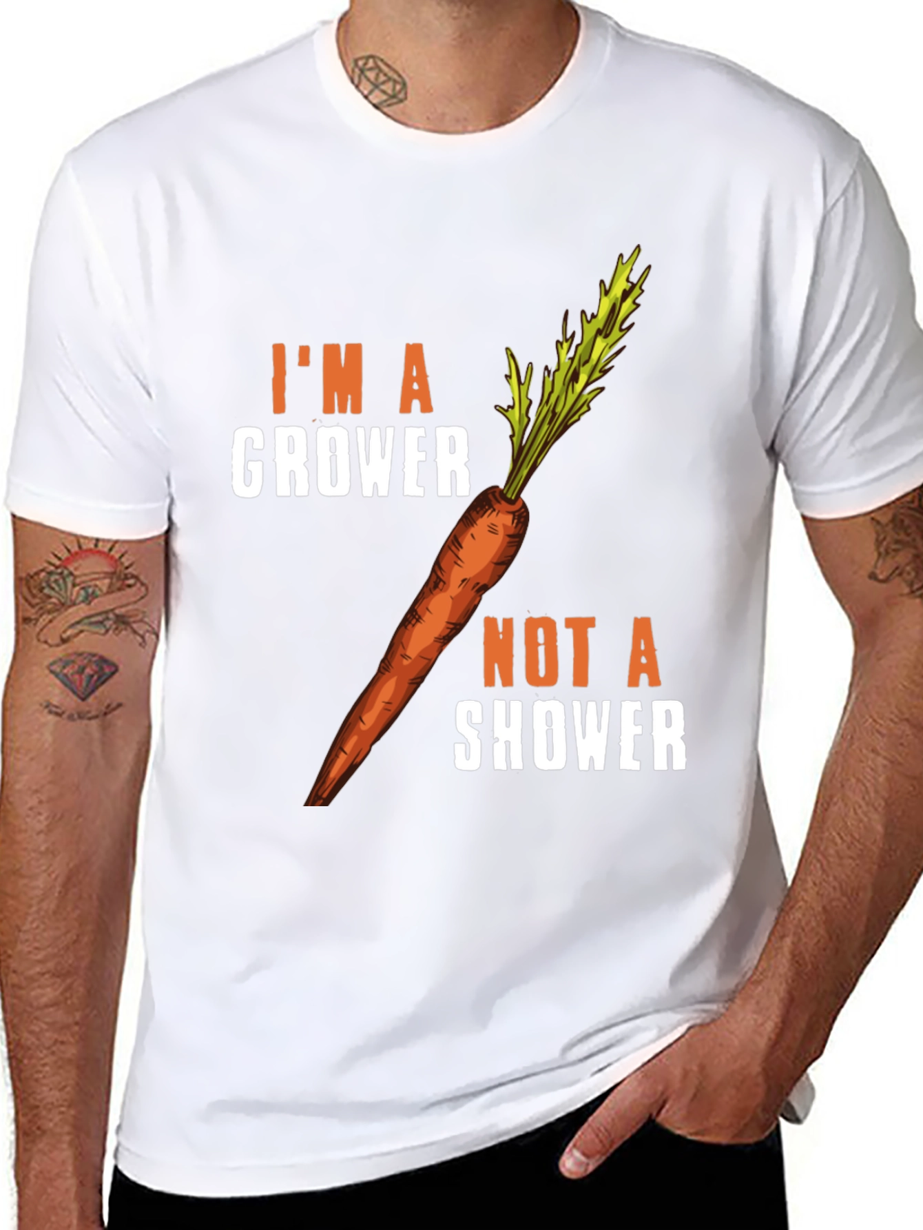 Black I'm a Grower Not a Shower Carrot Humor T-Shirt view 8