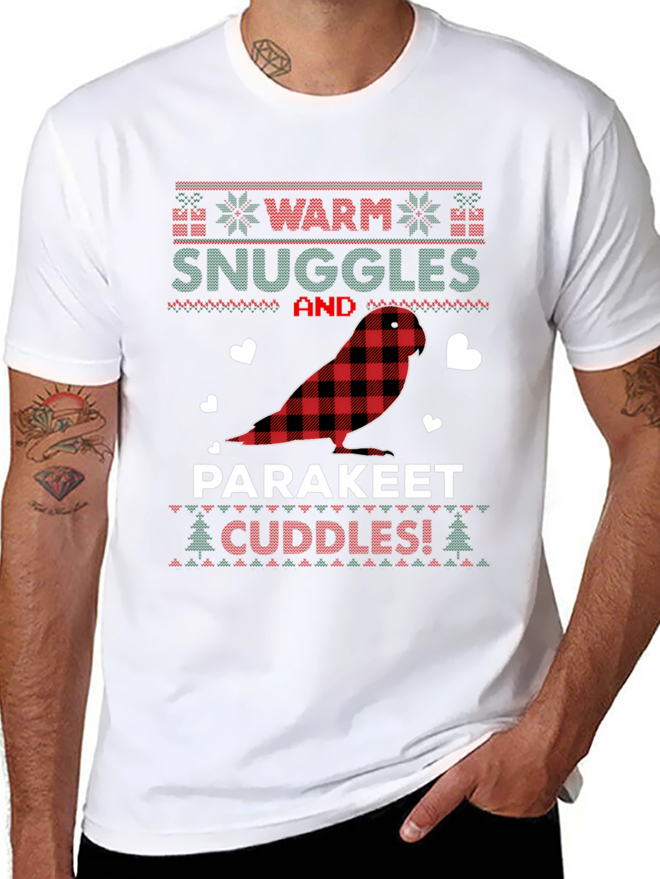 Black Parakeet Cuddles Christmas T-Shirt view 8