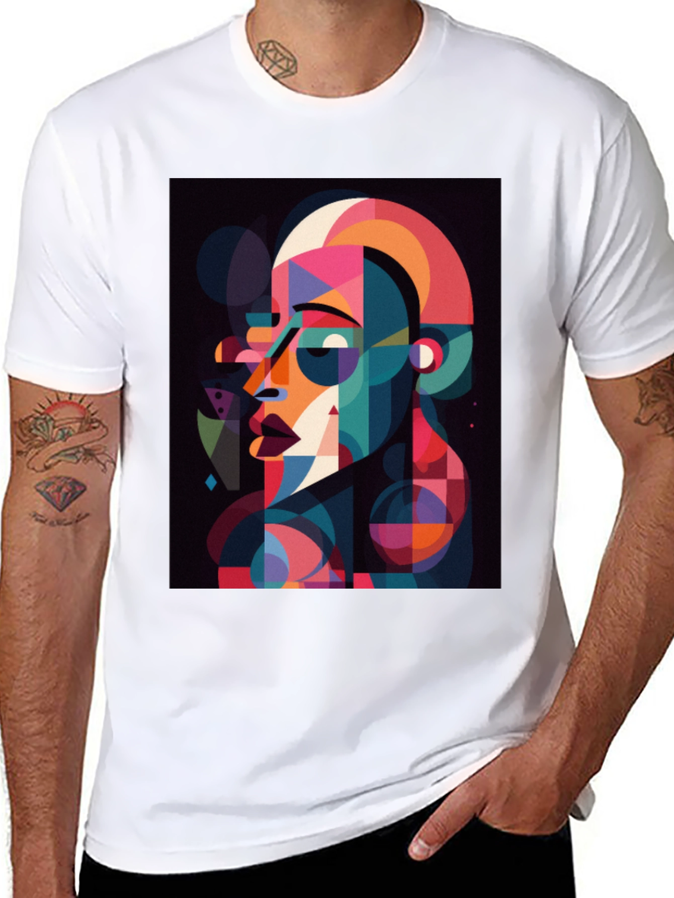 Black Abstract Geometric Face Graphic Black T-Shirt view 8