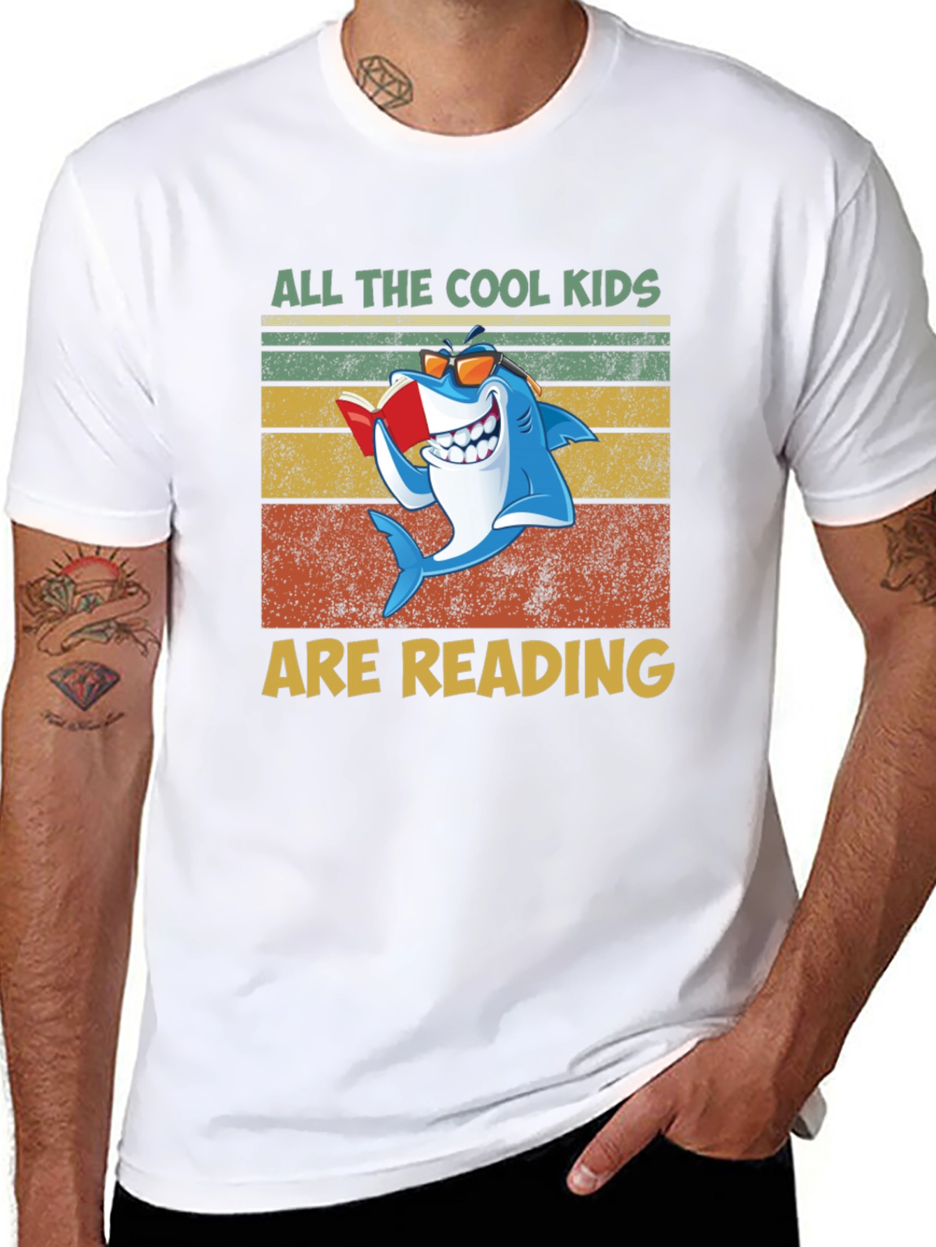 Black Cool Kids Reading Shark Graphic T-Shirt view 8