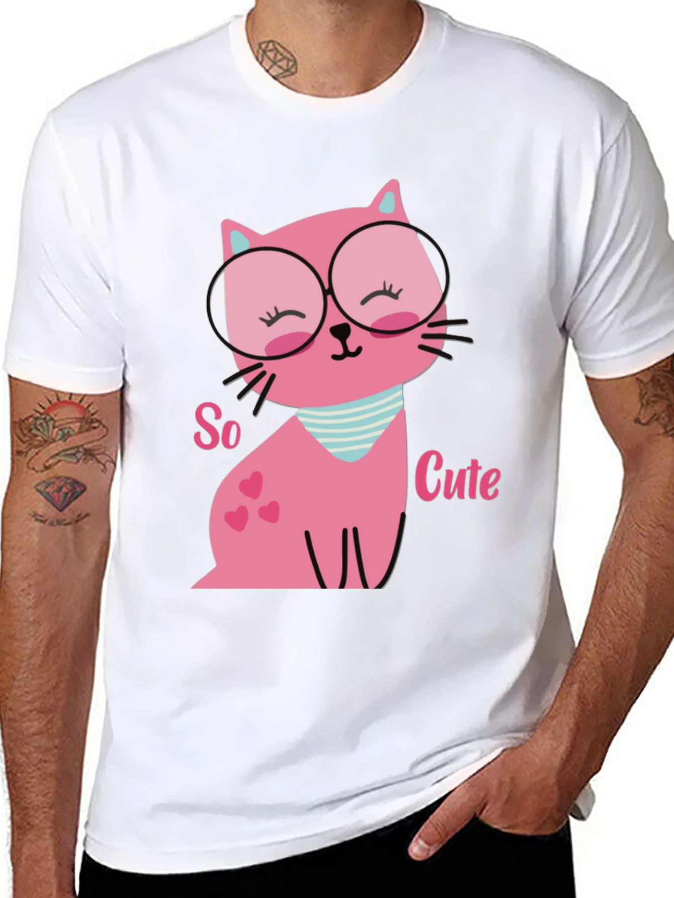 Black Cute Pink Cat T-Shirt view 8