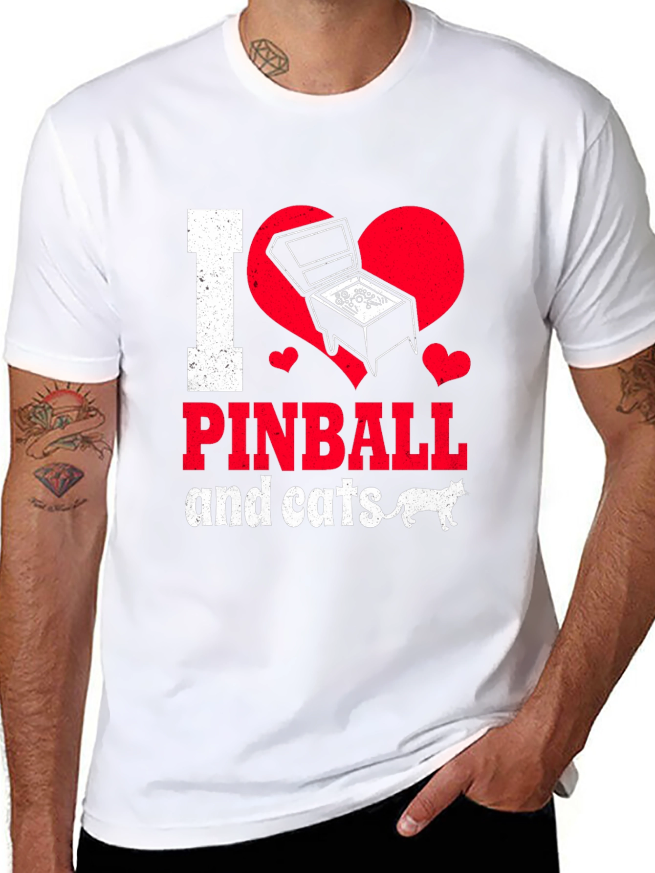 Black I Love Pinball and Cats Graphic T-Shirt view 8
