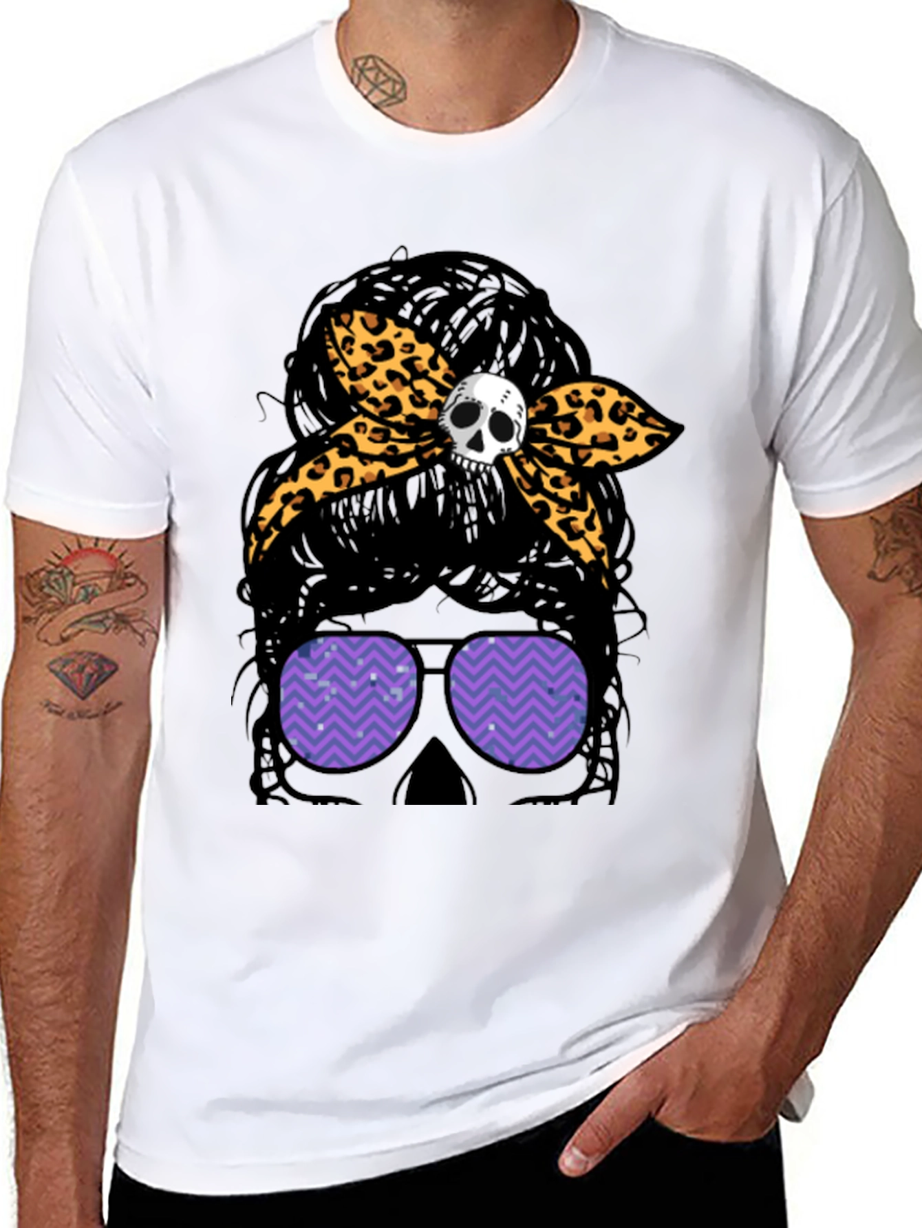 Black Messy Bun Skull Leopard Bow T-Shirt view 8