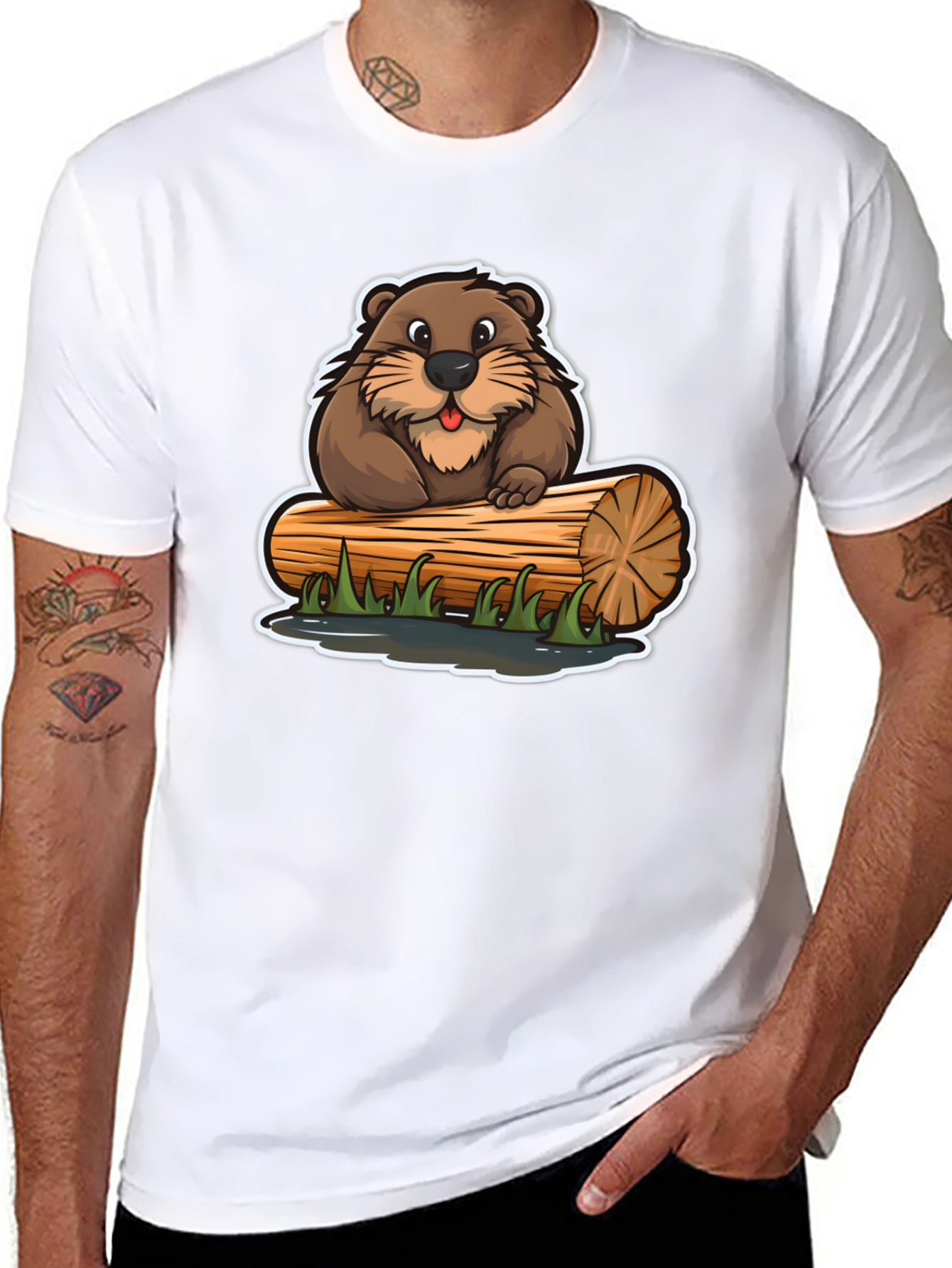 Black Cartoon Beaver on Log T-Shirt view 8