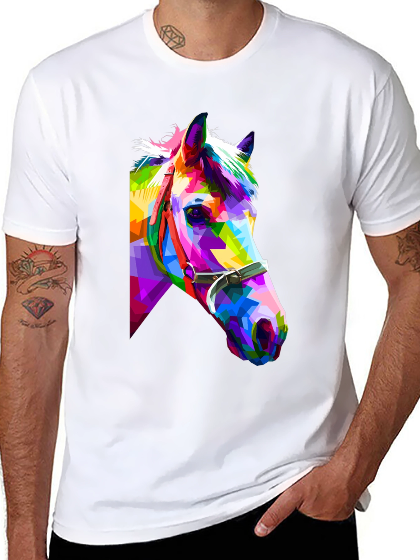 Black Geometric Horse Tee - Colorful Animal Art T-Shirt view 8
