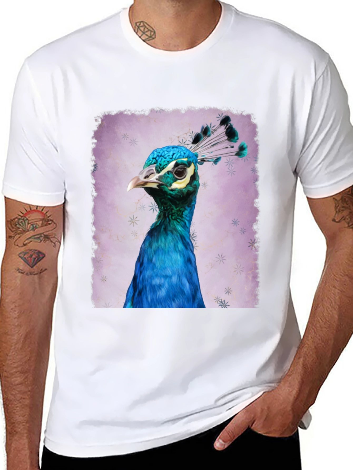 Black Peacock Portrait Graphic Tee - Black Cotton T-Shirt view 8