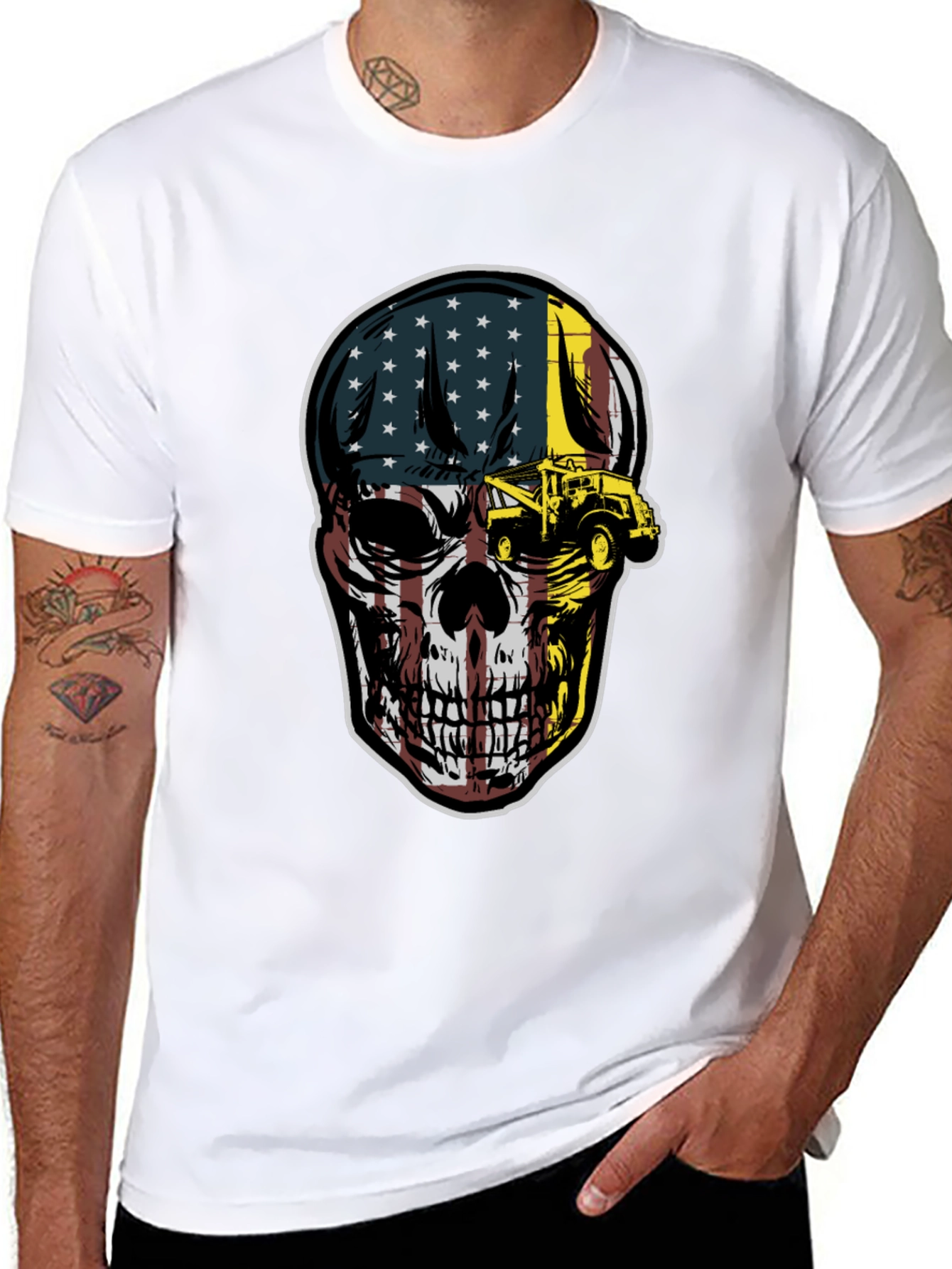 Black American Flag Skull Tow Truck T-Shirt view 8