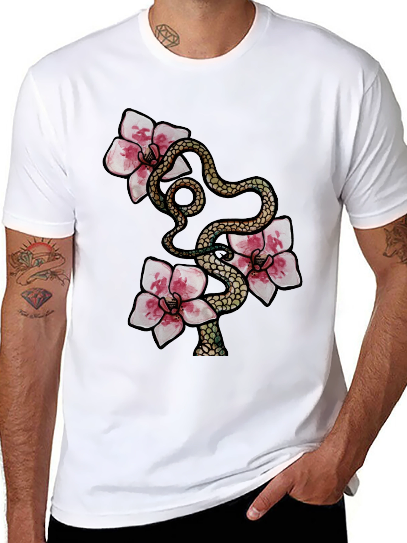 Black Snake & Flowers Graphic Tee view 8