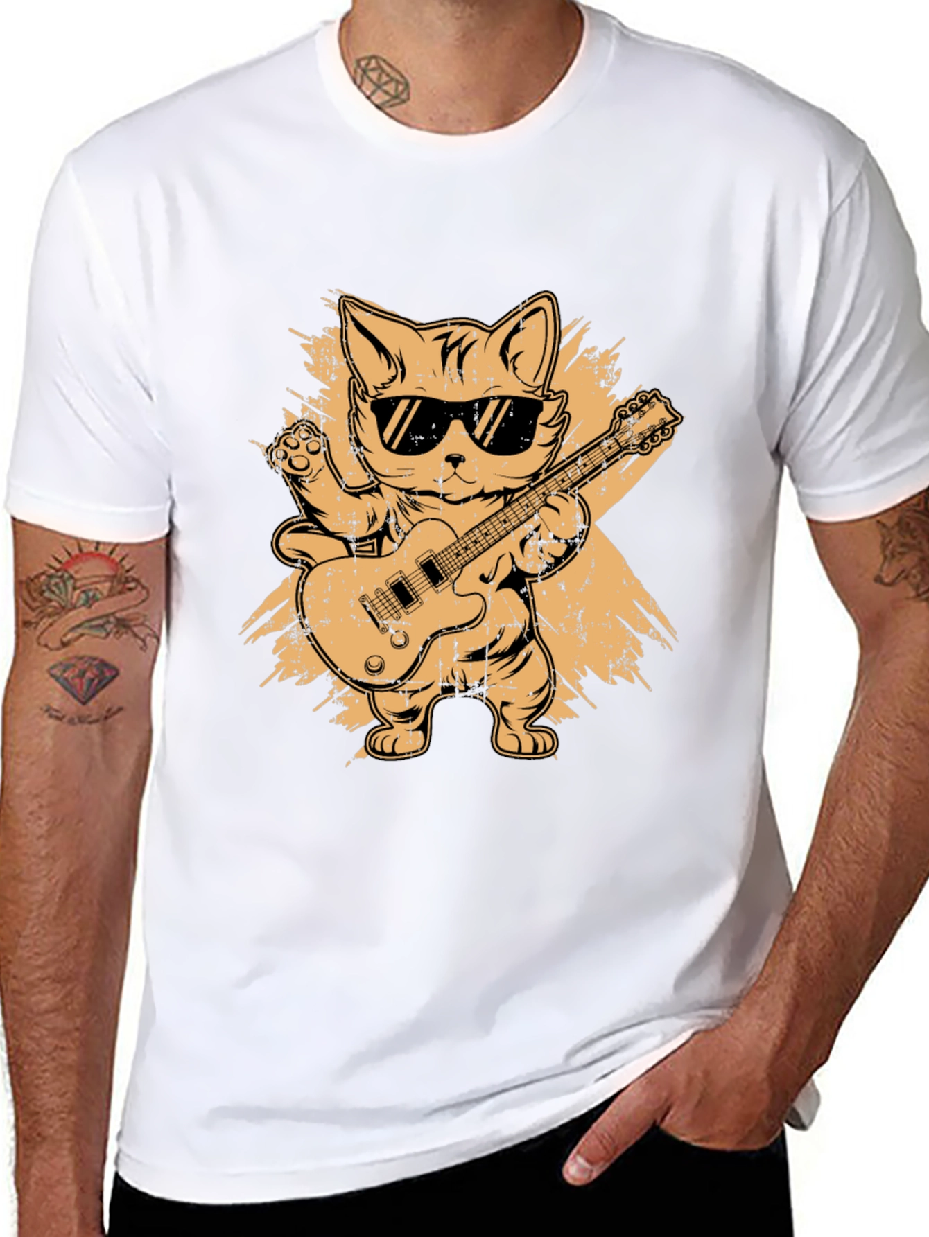 Black Cool Cat Guitarist Graphic T-Shirt view 8