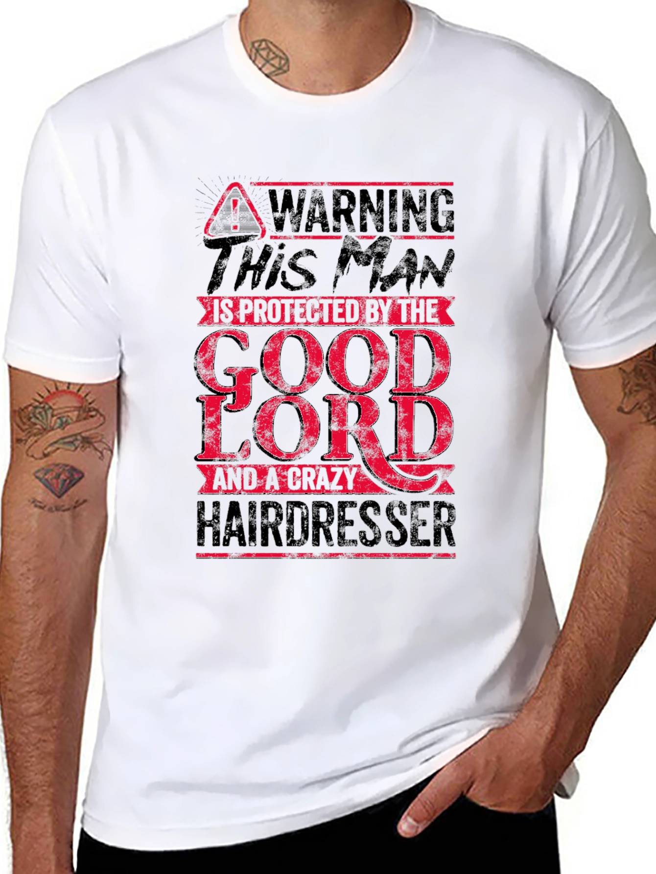 Black Warning Protected by the Good Lord and a Crazy Hairdresser T-Shirt view 8