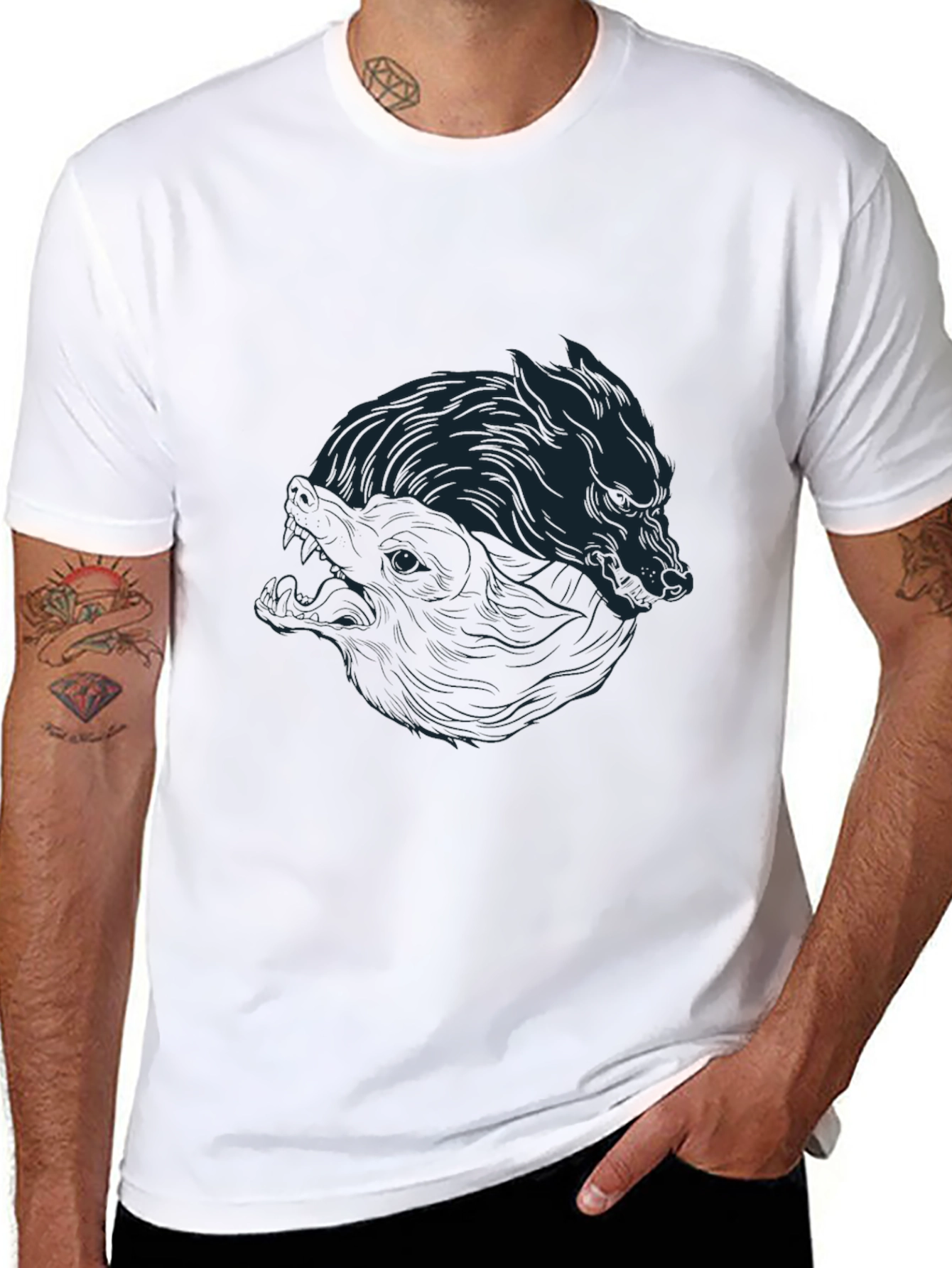 Black Yin Yang Wolves Graphic Tee - Black Cotton Blend view 8