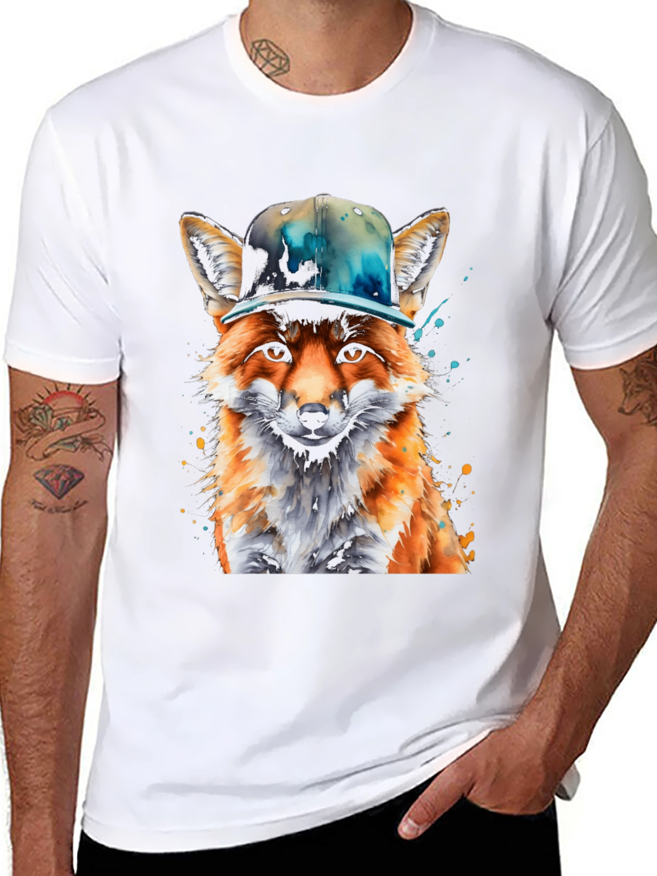 Black Fox with Hat Graphic T-Shirt - Cool Urban Style view 8
