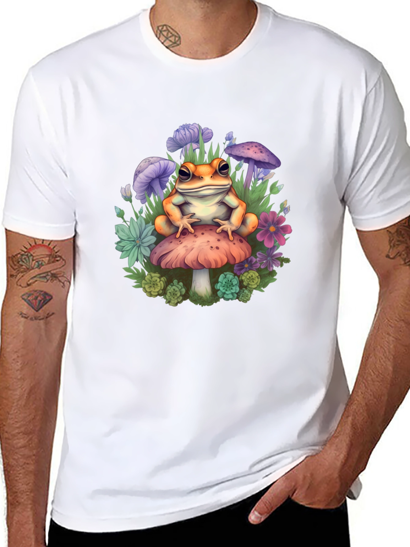 Black Frog on Mushroom Graphic Tee - Whimsical Toadstool Design view 8