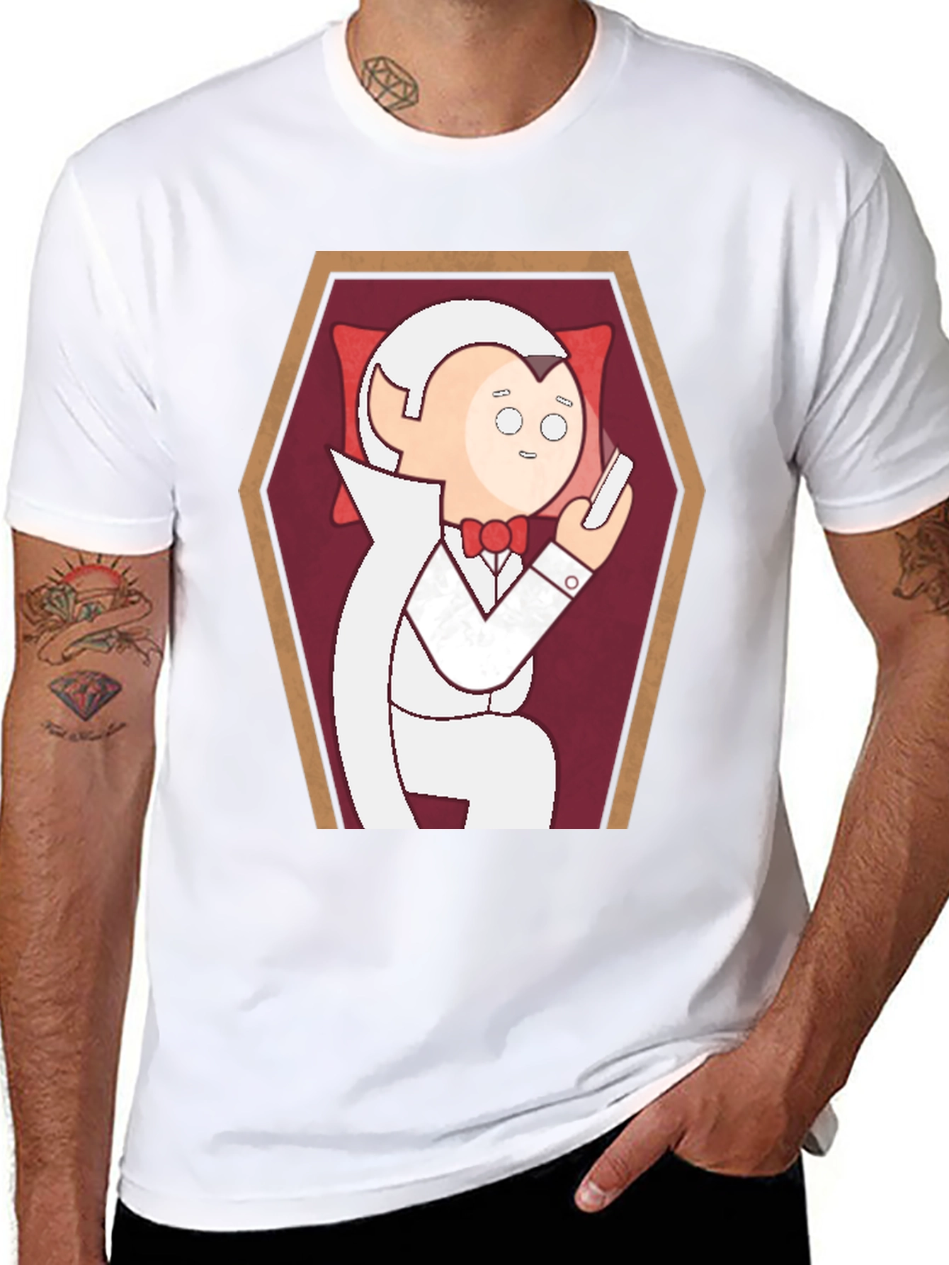 Black Funny Cartoon Vampire in Coffin Graphic T-Shirt view 8