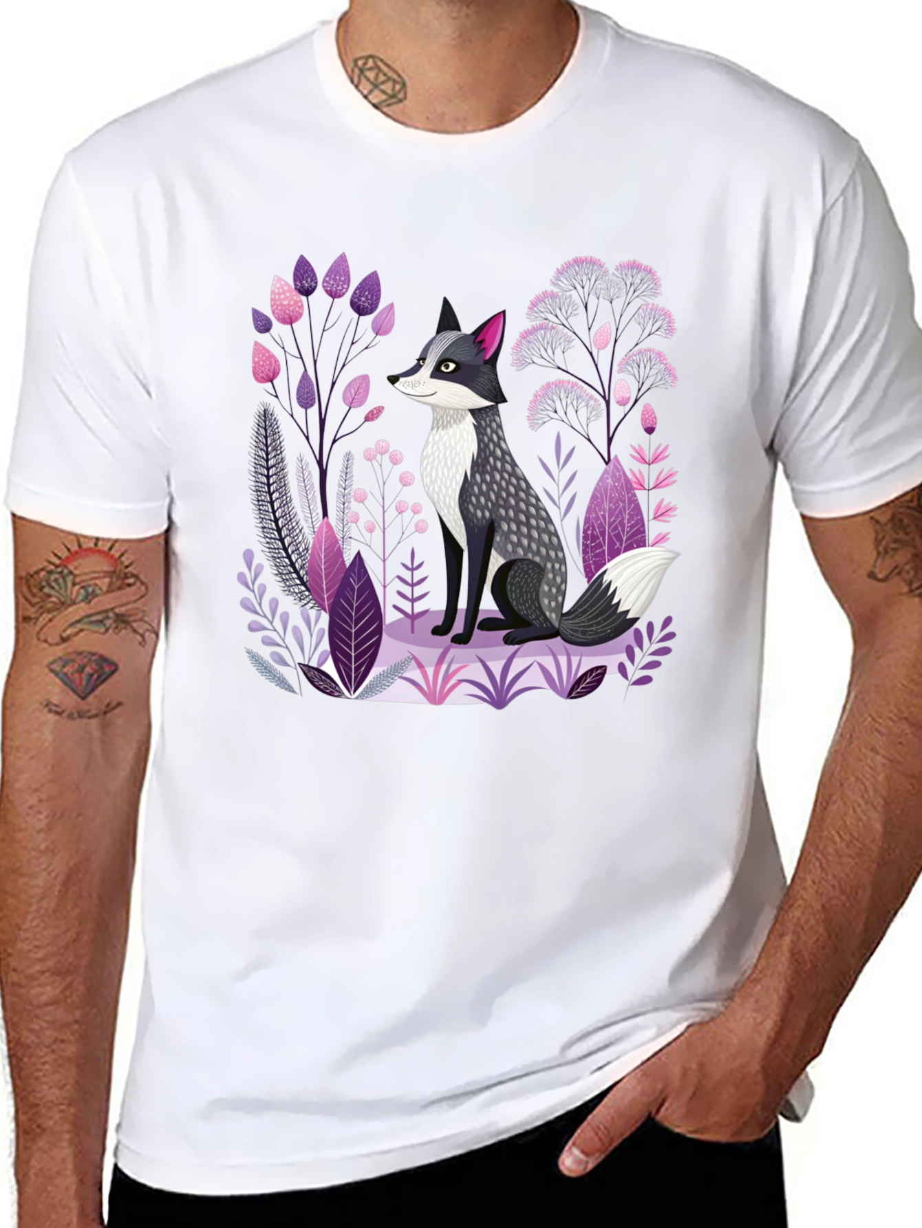 Black Fox & Floral Graphic Print Black T-Shirt view 8