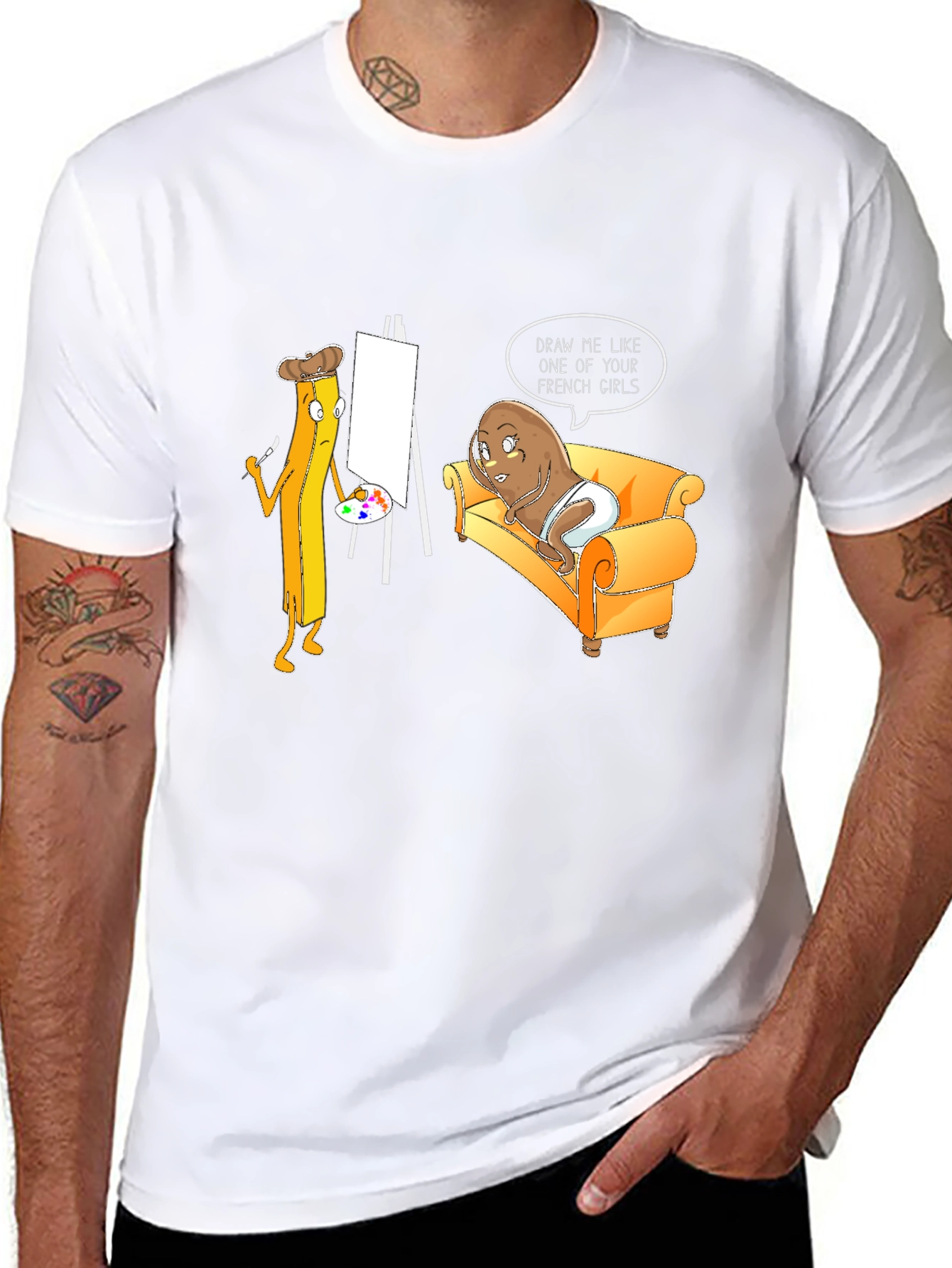 Black Funny Potato and Fries Art T-Shirt view 8