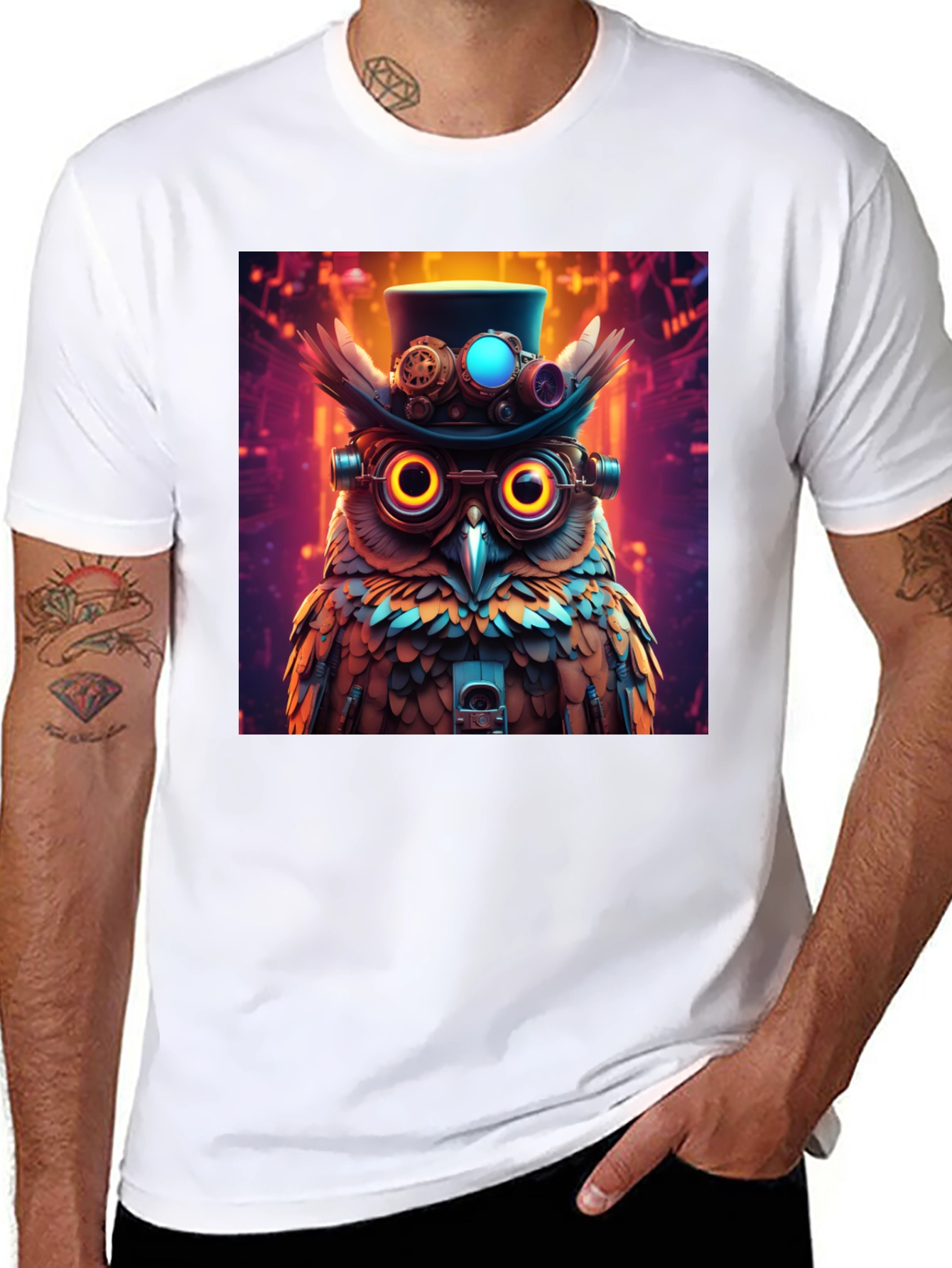 Black Steampunk Owl T-Shirt - Unique Graphic Tee view 8