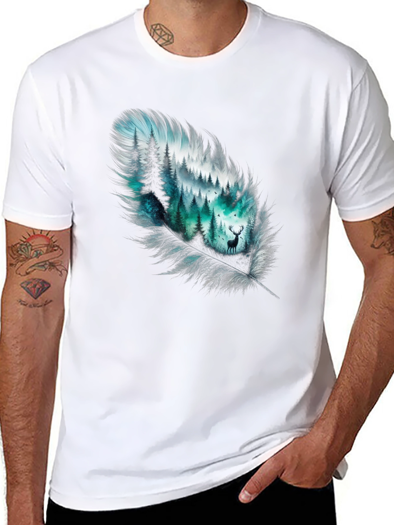 Black Feather Forest Graphic Tee - Nature Inspired Design view 8