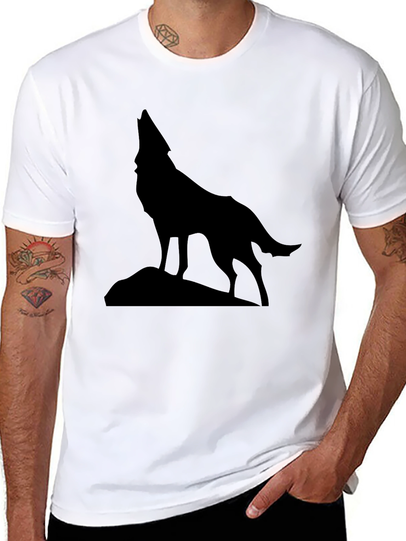 Wolf Howling Silhouette Graphic Tee - Black Cotton - 8