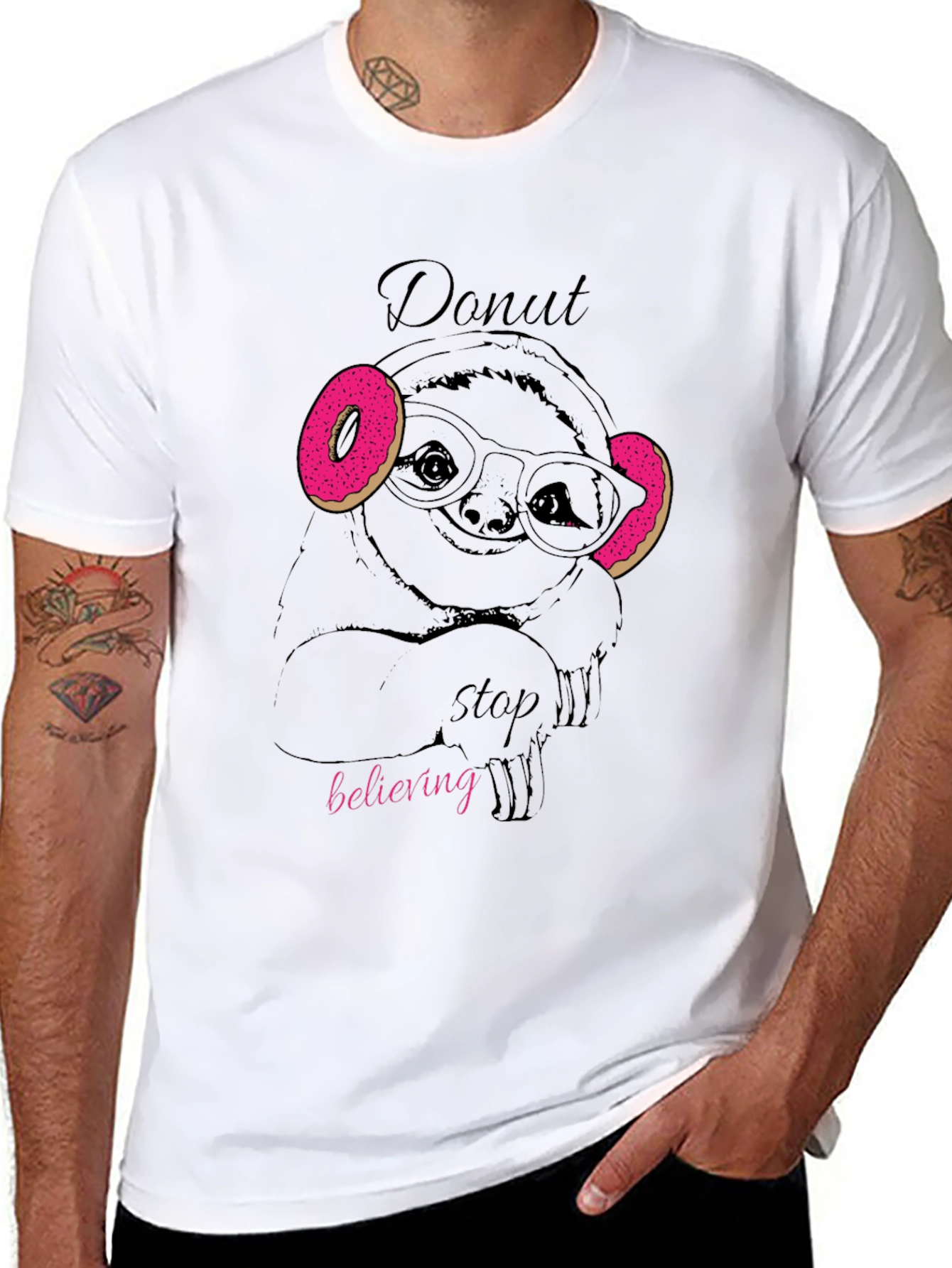 Black Donut Stop Believing Sloth T-Shirt - Funny Graphic Tee view 8